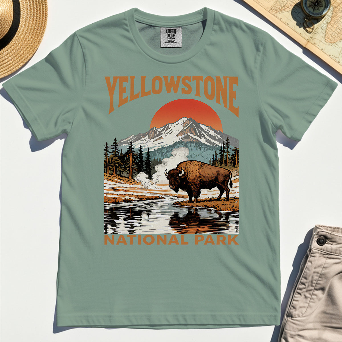 Yellowstone National Park Comfort Tee, Vintage Bison Sunset Mountain Comfort Color Tees For Campers 3
