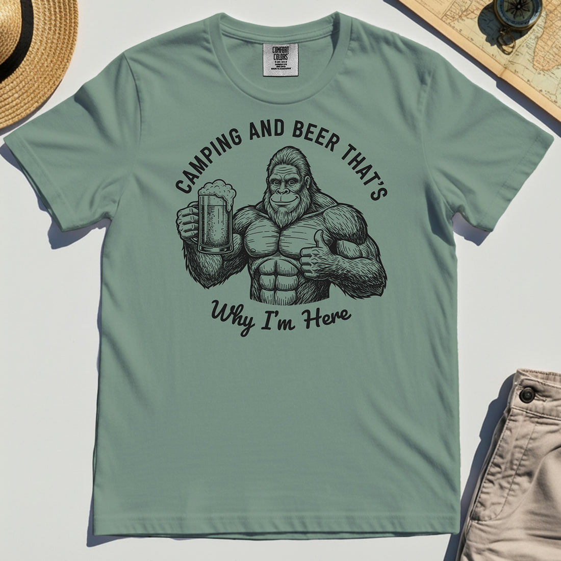 "Camping and Beer That’s Why I’m Here" Funny Bigfoot Camping Comfort Color Tees 1