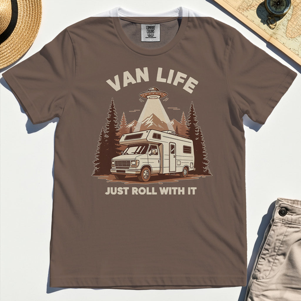 Just Roll With It Comfort Tees, Retro Camper Van Adventure Comfort Color Tee For Camping Lovers 1