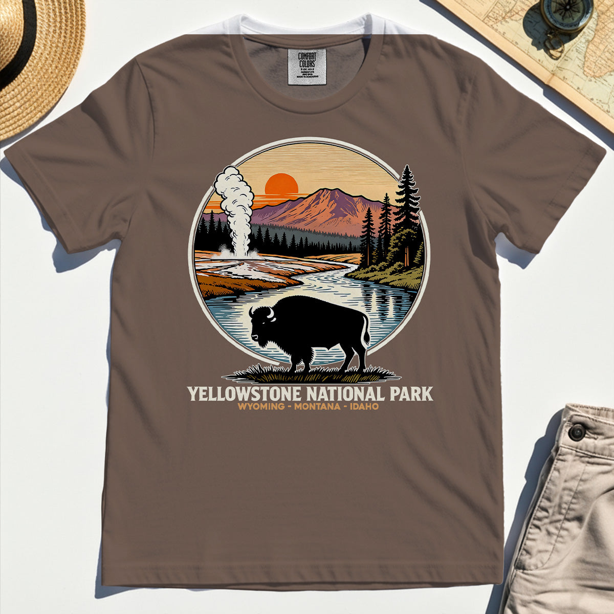 Retro Yellowstone National Park Comfort Tee, Bison Silhouette Outdoor Adventure Comfort Color Tee For Nature Campers 4