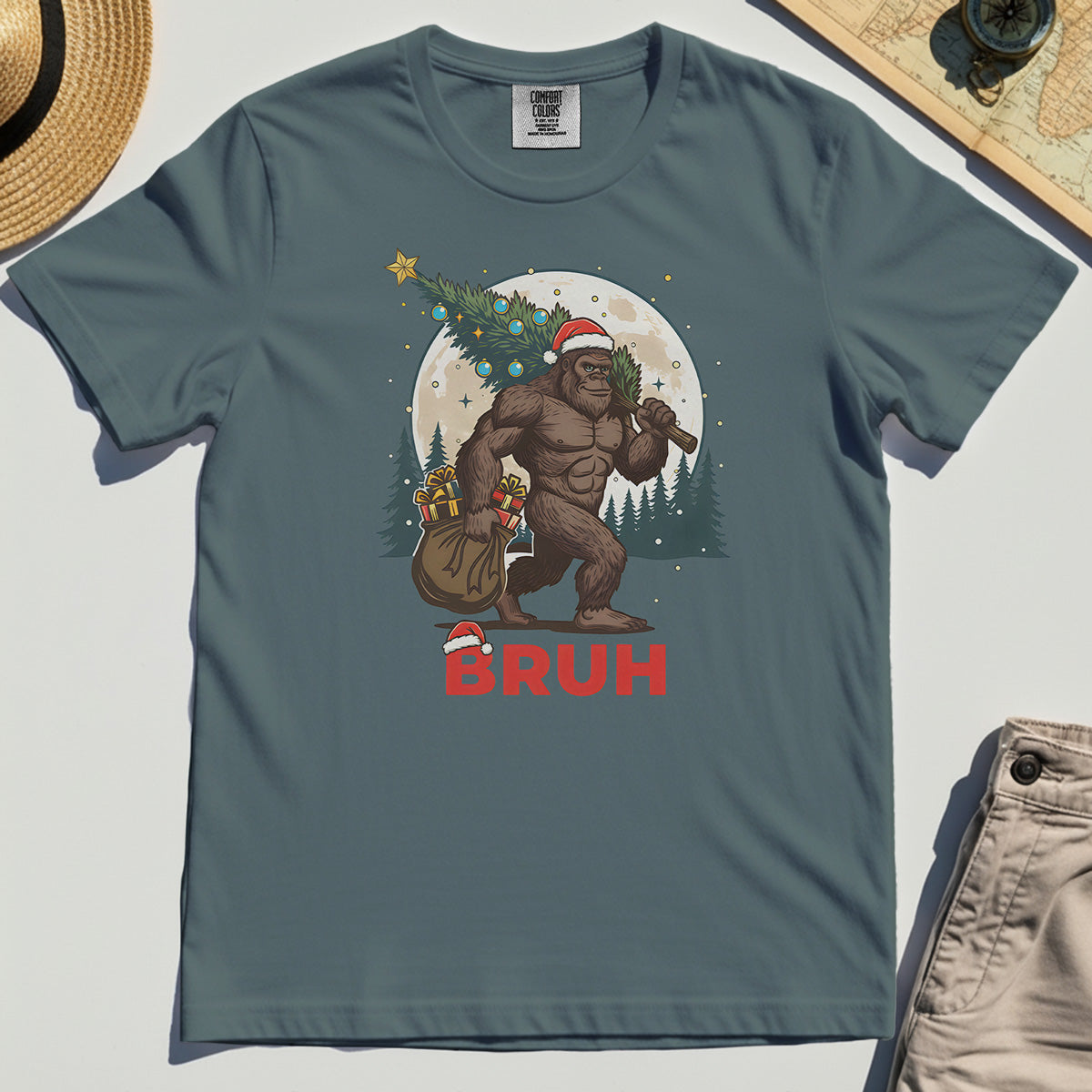 Bigfoot Christmas "BRUH" Comfort Tee, Retro Santa Hat Sasquatch Carrying Christmas Tree Comfort Color Tee 4