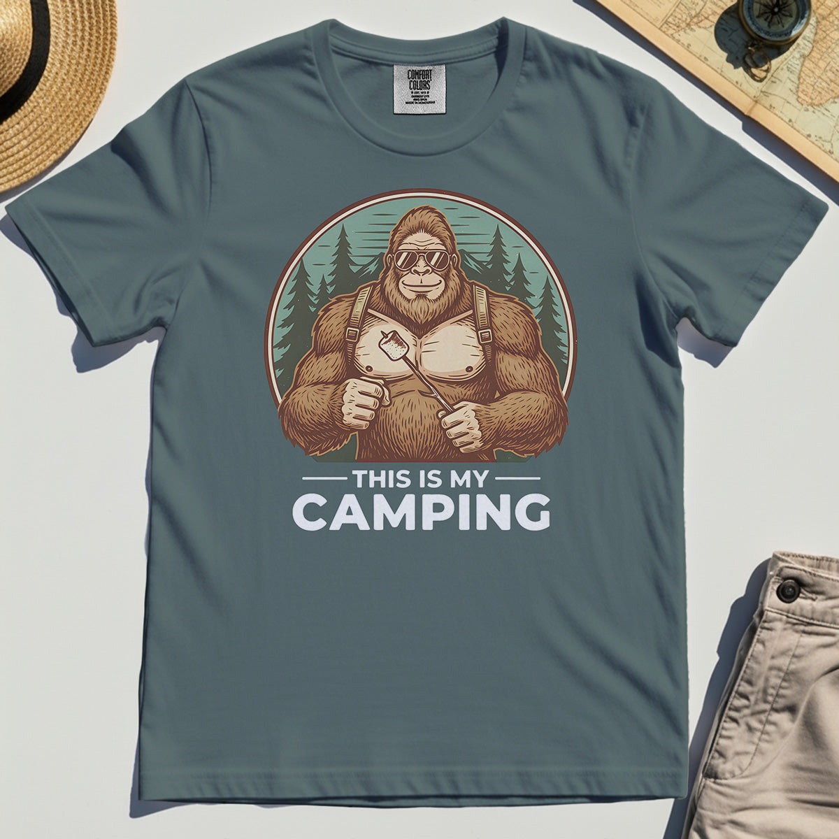Funny Bigfoot Camping Comfort Tee "This Is My Camping”, Sasquatch With Marshmallow Comfort Tee 4