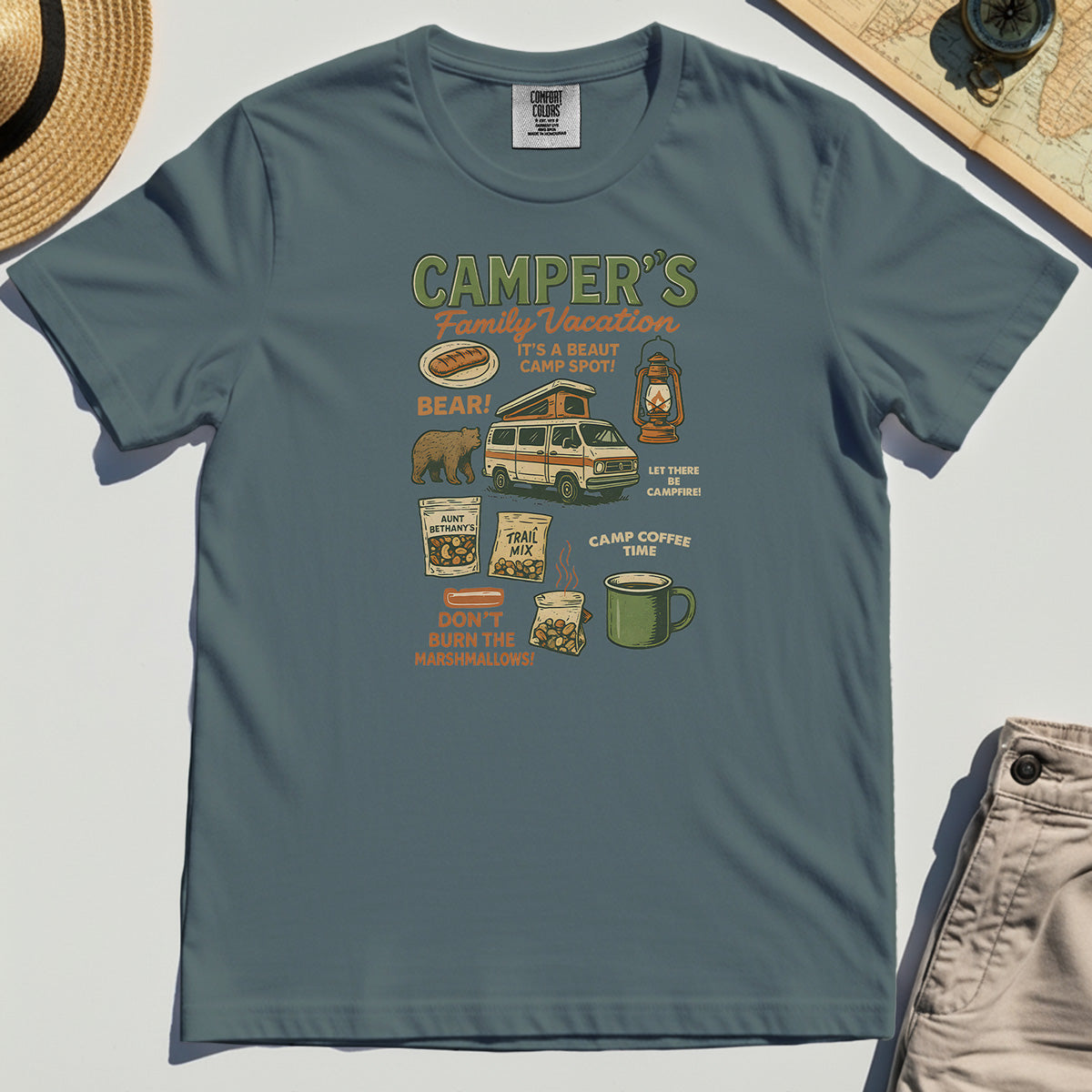 Camper’s Family Vacation Comfort Tee, Funny Outdoor Campfire Coffee Trail Mix Adventure Comfort Color Tee 4