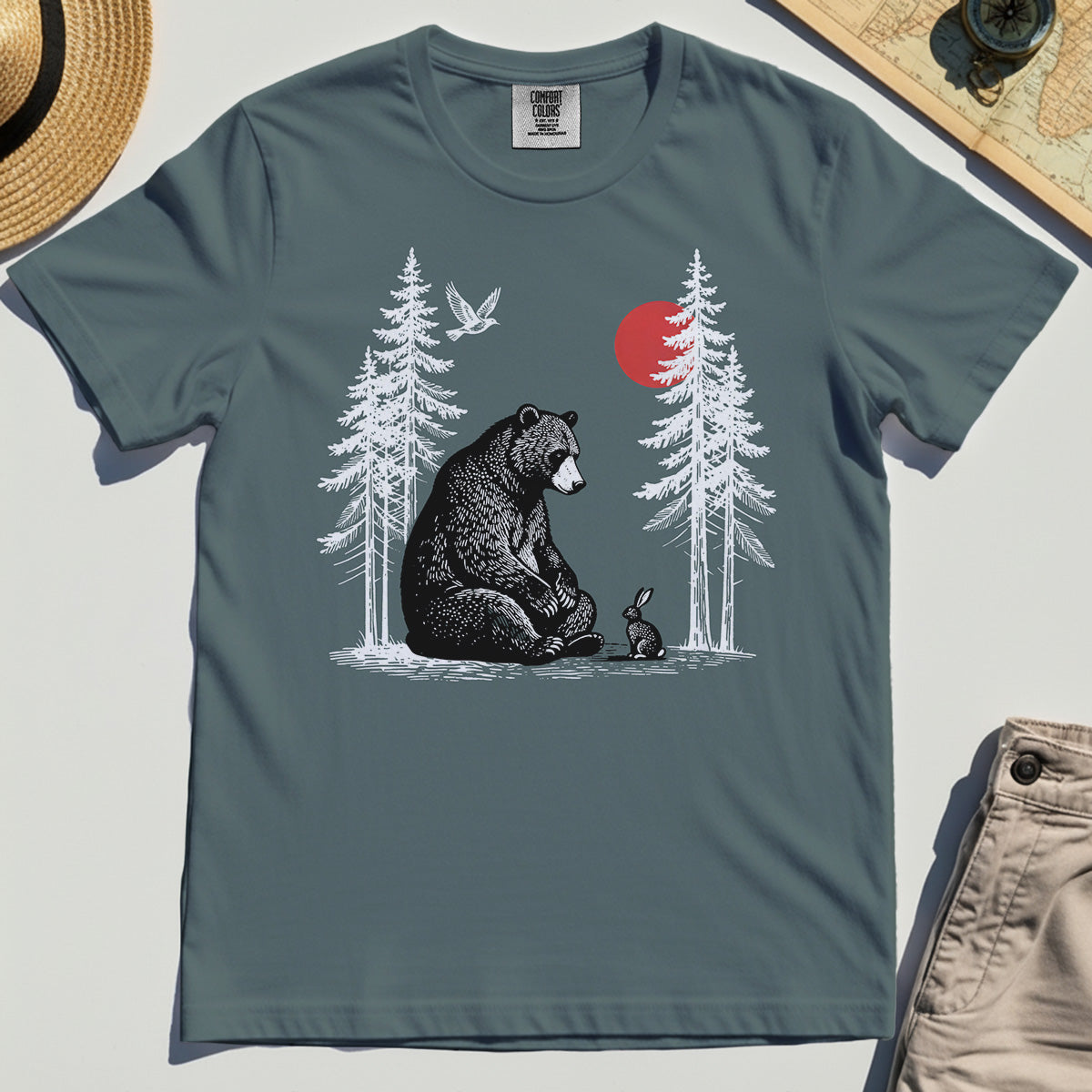 Bear and Bunny Under Red Sun Comfort Tee, Vintage Forest Nature Graphic Comfort Color Tee, Wildlife Art Comfort Tee For Outdoor Lovers 3