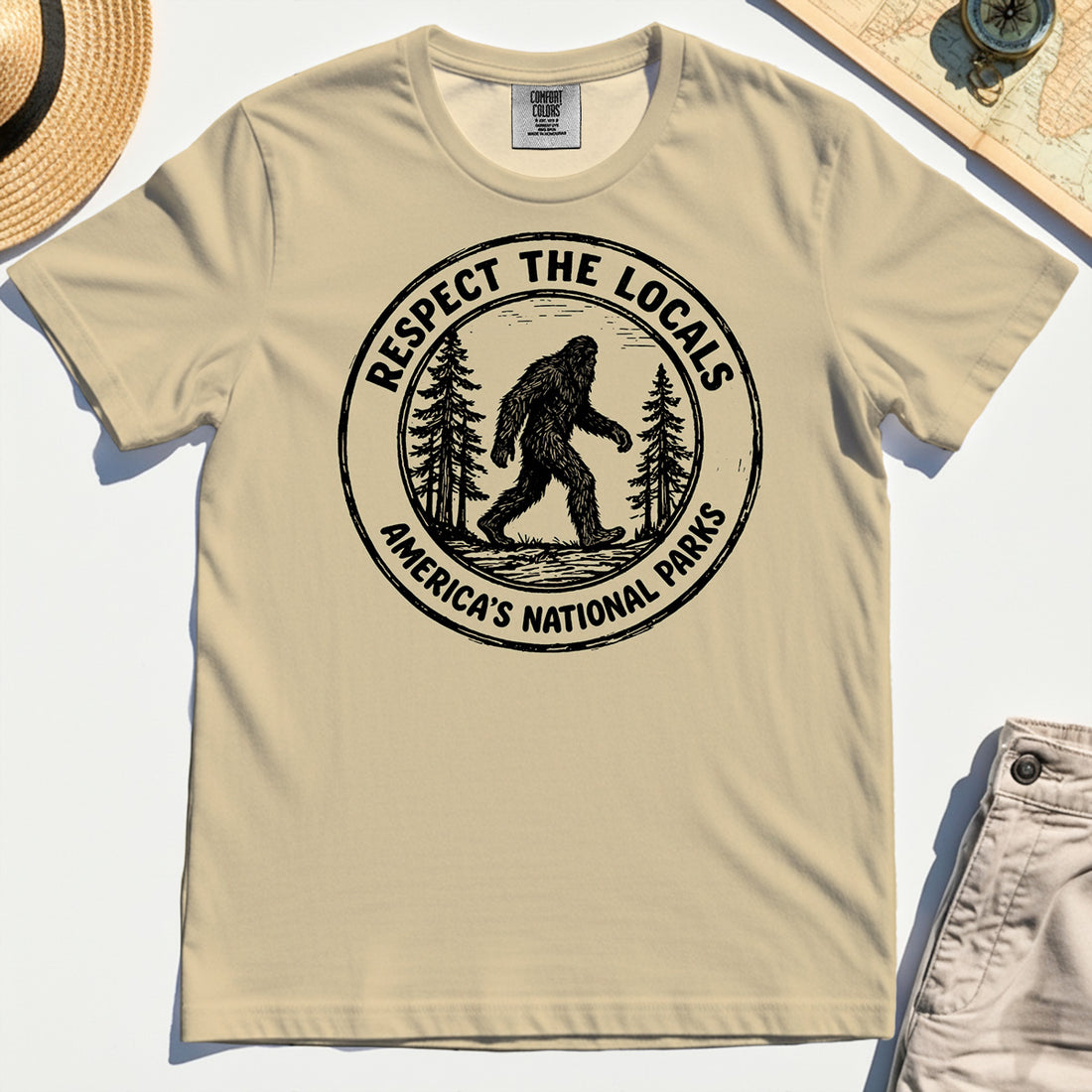 Retro Respect the Locals Bigfoot Comfort Tee, Funny Sasquatch National Park Camping Comfort Color Tees 1
