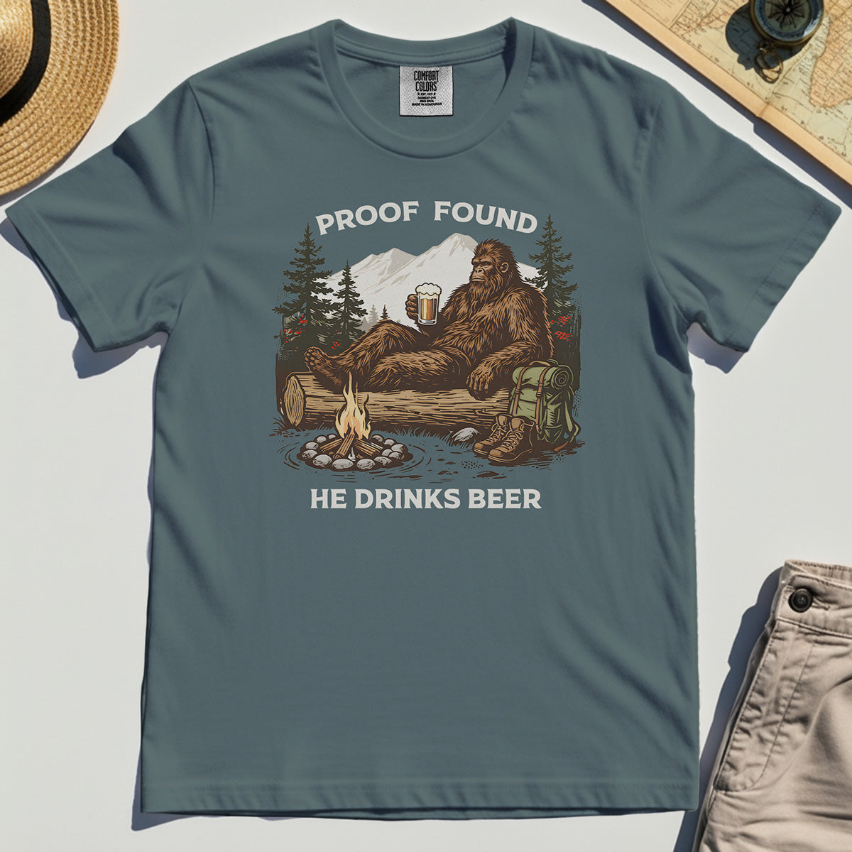 Funny Bigfoot "Proof Found He Drinks Beer" Camping Comfort Tee, Sasquatch Beer Lover Comfort Color Tee For Campers 4