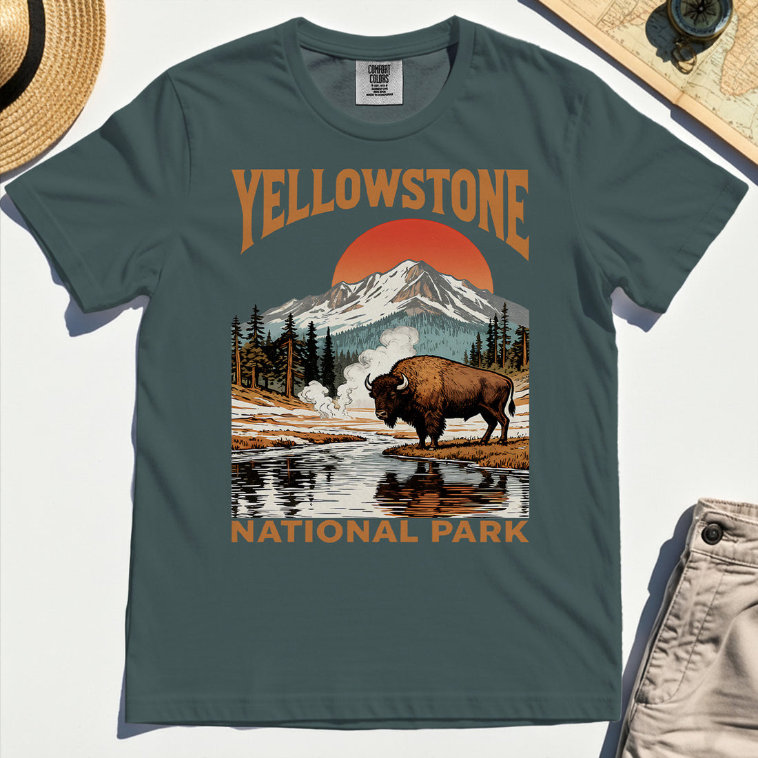 Yellowstone National Park Comfort Tee, Vintage Bison Sunset Mountain Comfort Color Tees For Campers 1