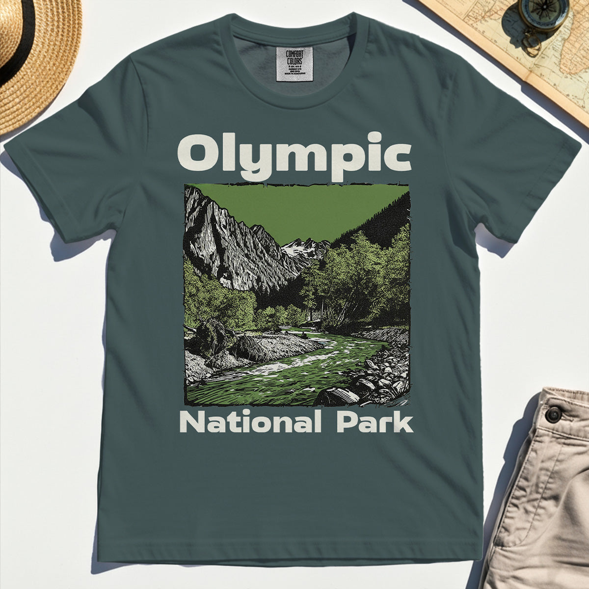Olympic National Park Comfort Tee, Vintage Mountain River Scene Comfort Color Tee For Outdoor Adventure Campers 4
