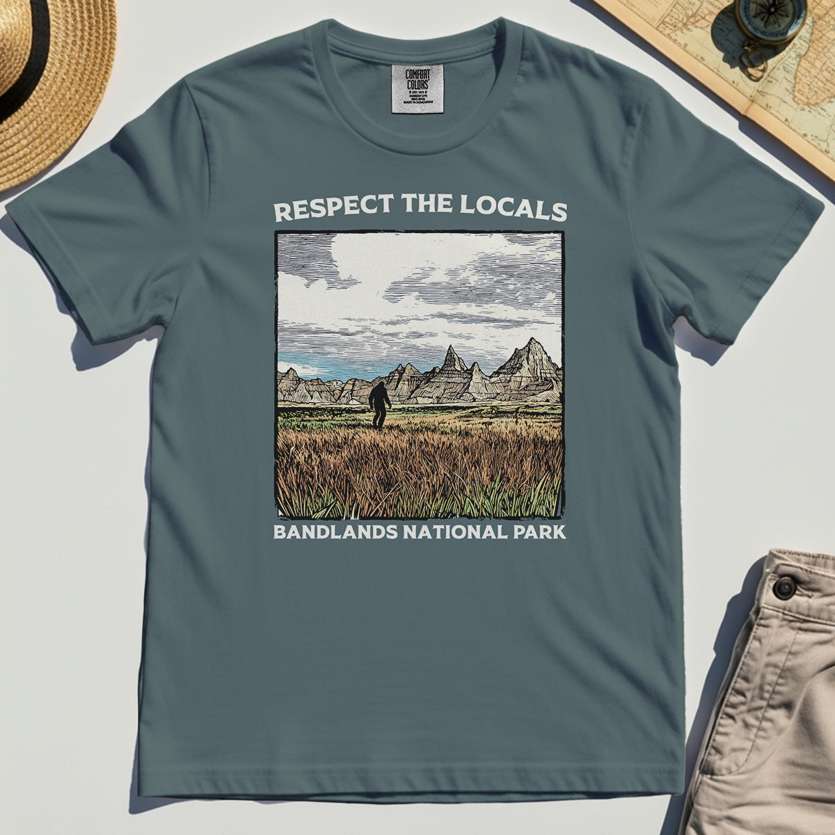 Sasquatch Respect The Locals Comfort Tee, Bigfoot Hiking Through Badlands National Park Comfort Color Tees 4