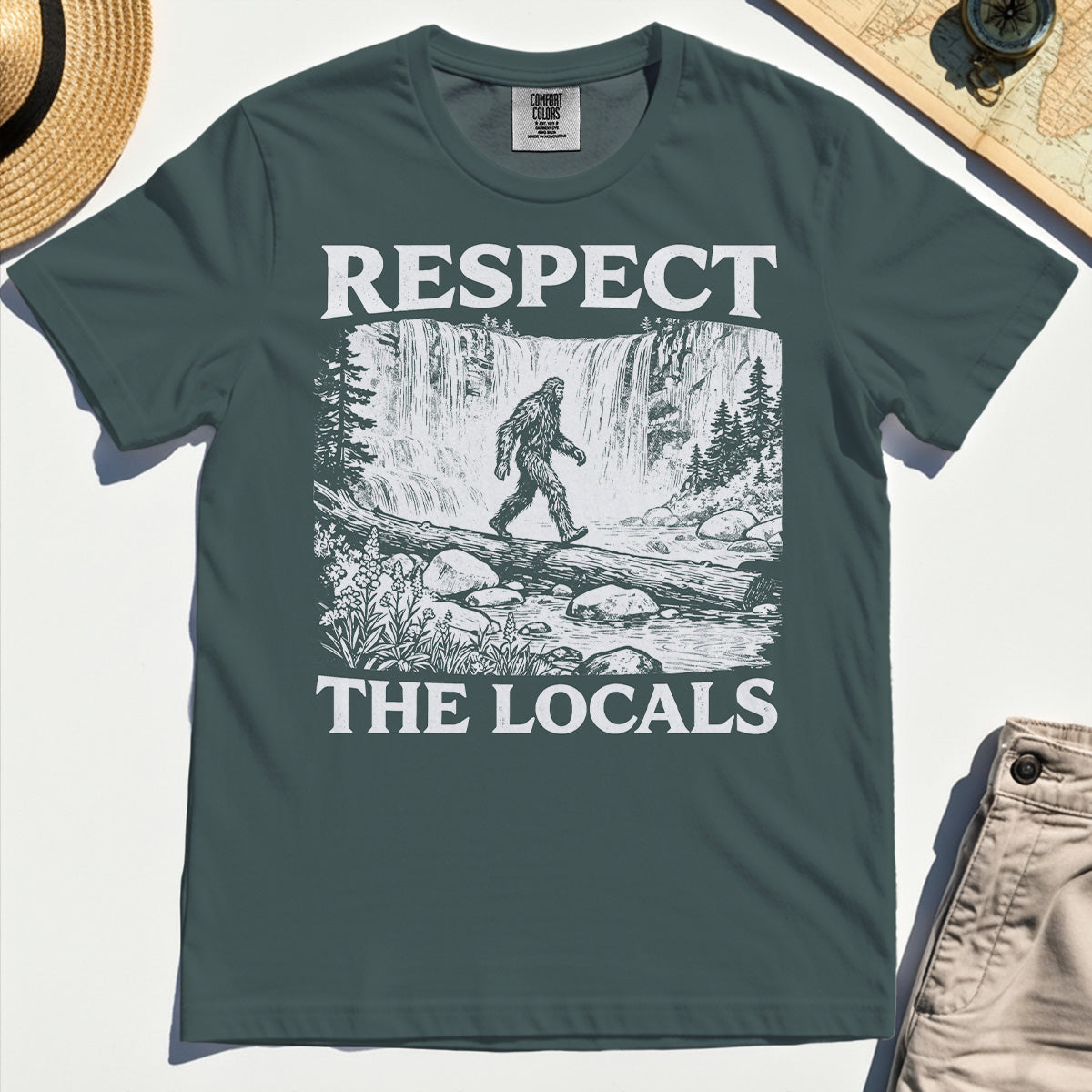 Bigfoot Respect The Locals Comfort Tee, Vintage Waterfall Hiking Graphic Comfort Color Tees For Camper And Adventurers 3