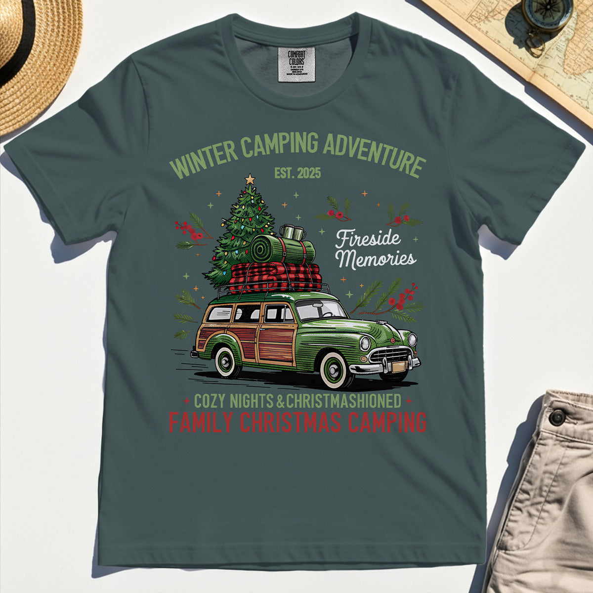 Winter Camping Adventure Comfort Tee, Retro Car with Tree Family Christmas Camping Comfort Color Tee 3
