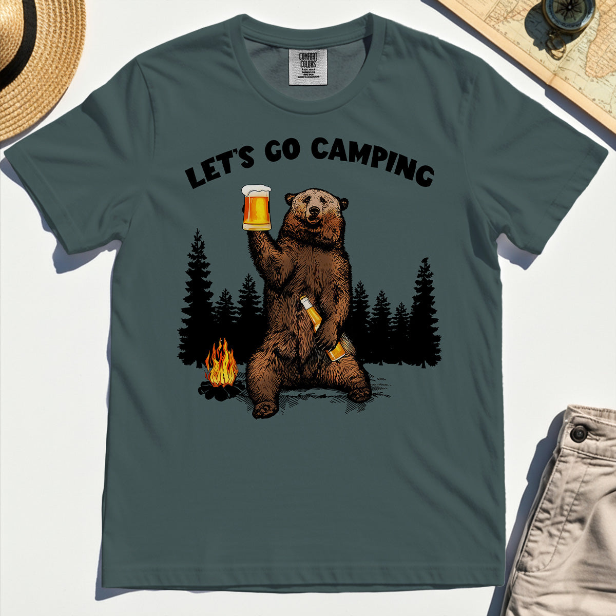 Let’s Go Camping Comfort Tee, Funny Beer Drinking Bear Graphic Comfort Color Tee For Outdoor & Camping Lovers 4