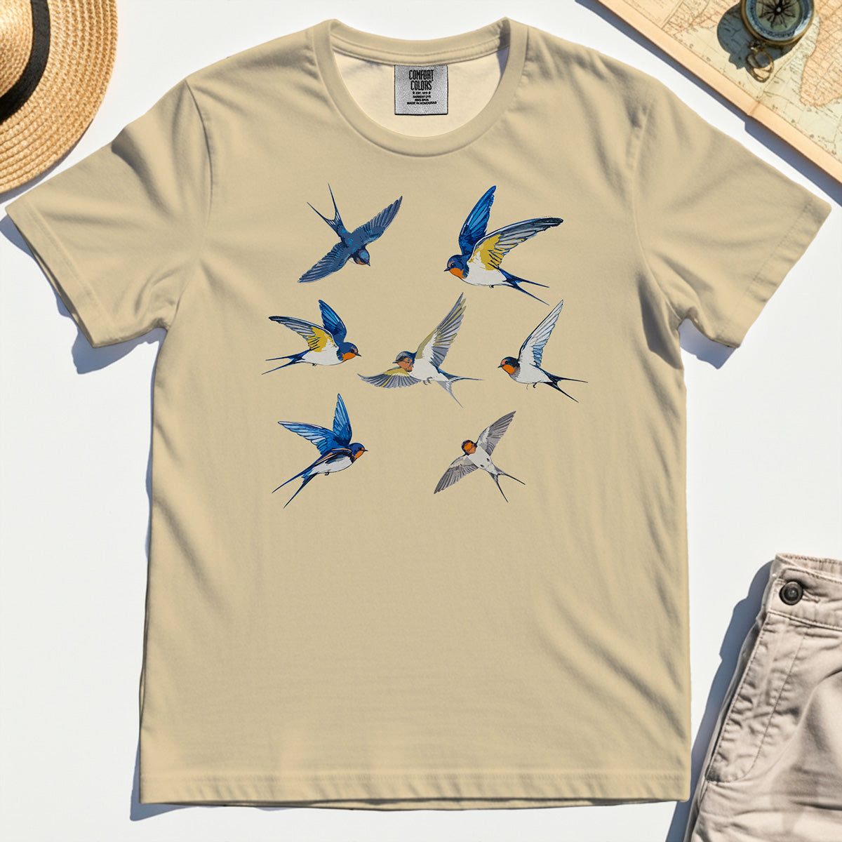 Elegant Flying Swallows Comfort Tee, Minimalist Wildlife Camping Graphic Comfort Tee Gift For Nature Campers 2