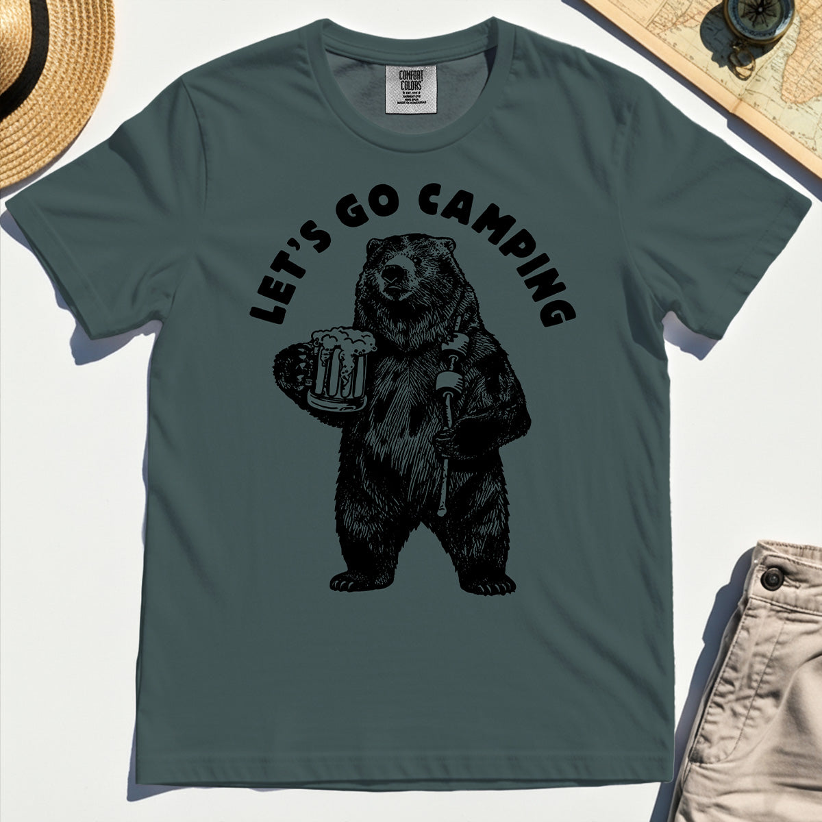 Let’s Go Camping Funny Bear Drinking Beer Comfort Tee, Beer Lover Comfort Color Tee For Outdoor Adventure & Camping Fans 4