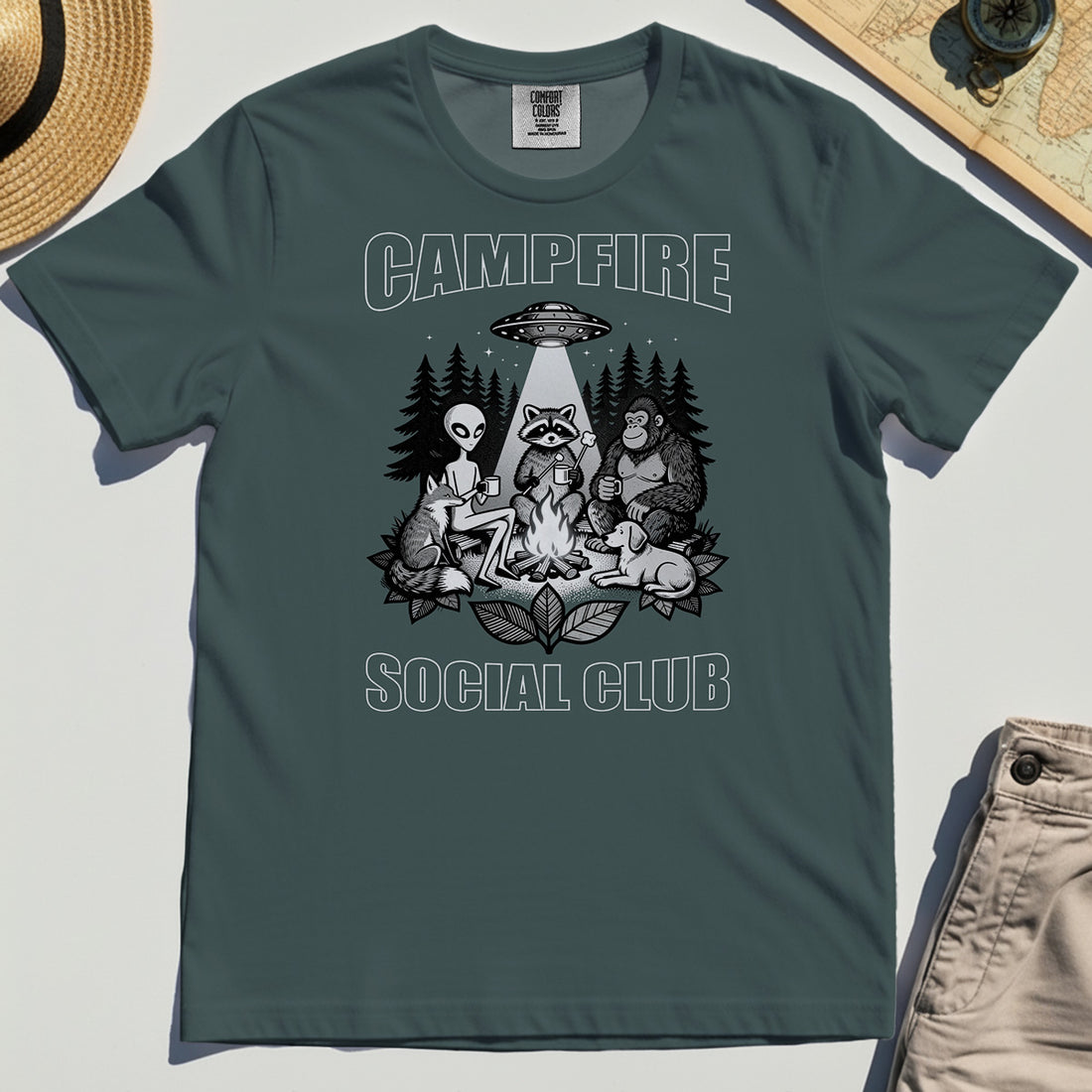 Campfire Social Club With Alien, Bigfoot, UFO And Raccoon Comfort Color Tee 1