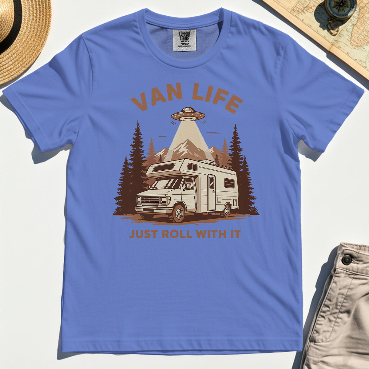 Just Roll With It Comfort Tees, Retro Camper Van Adventure Comfort Color Tee For Camping Lovers 7