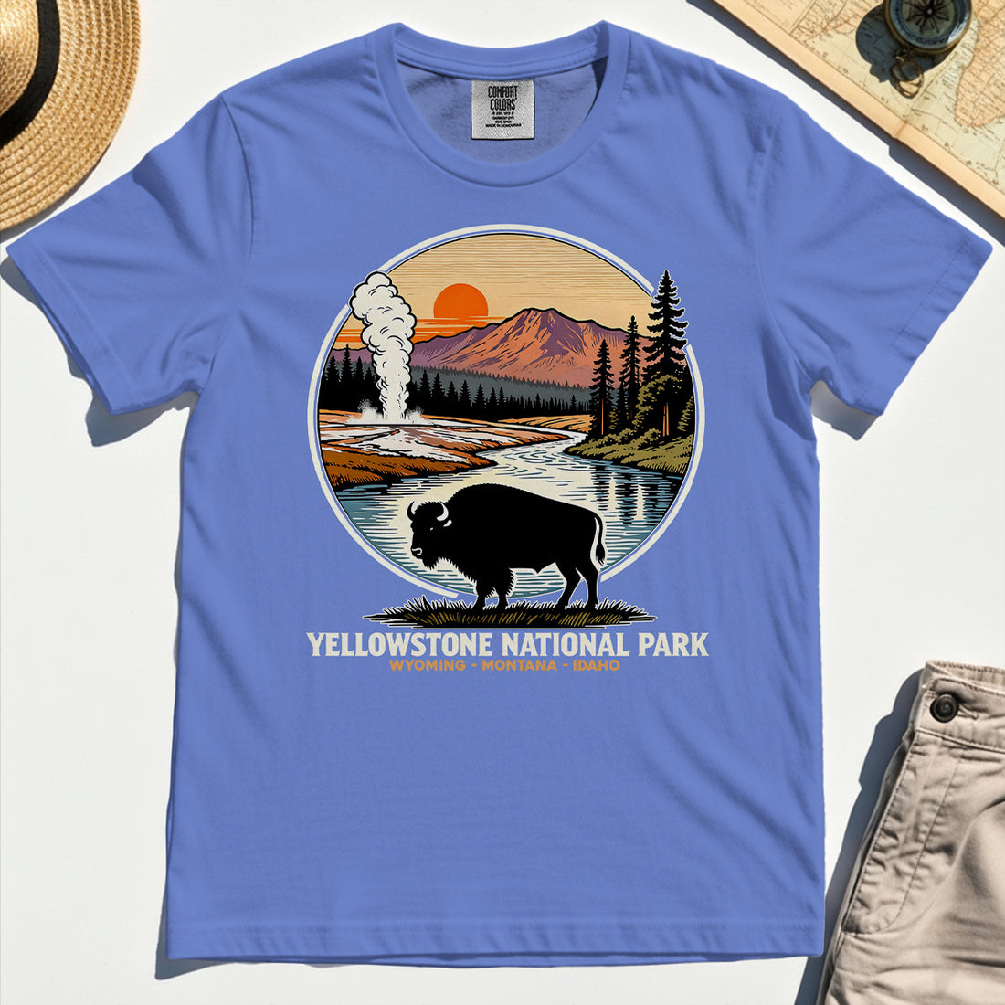 Retro Yellowstone National Park Comfort Tee, Bison Silhouette Outdoor Adventure Comfort Color Tee For Nature Campers 1