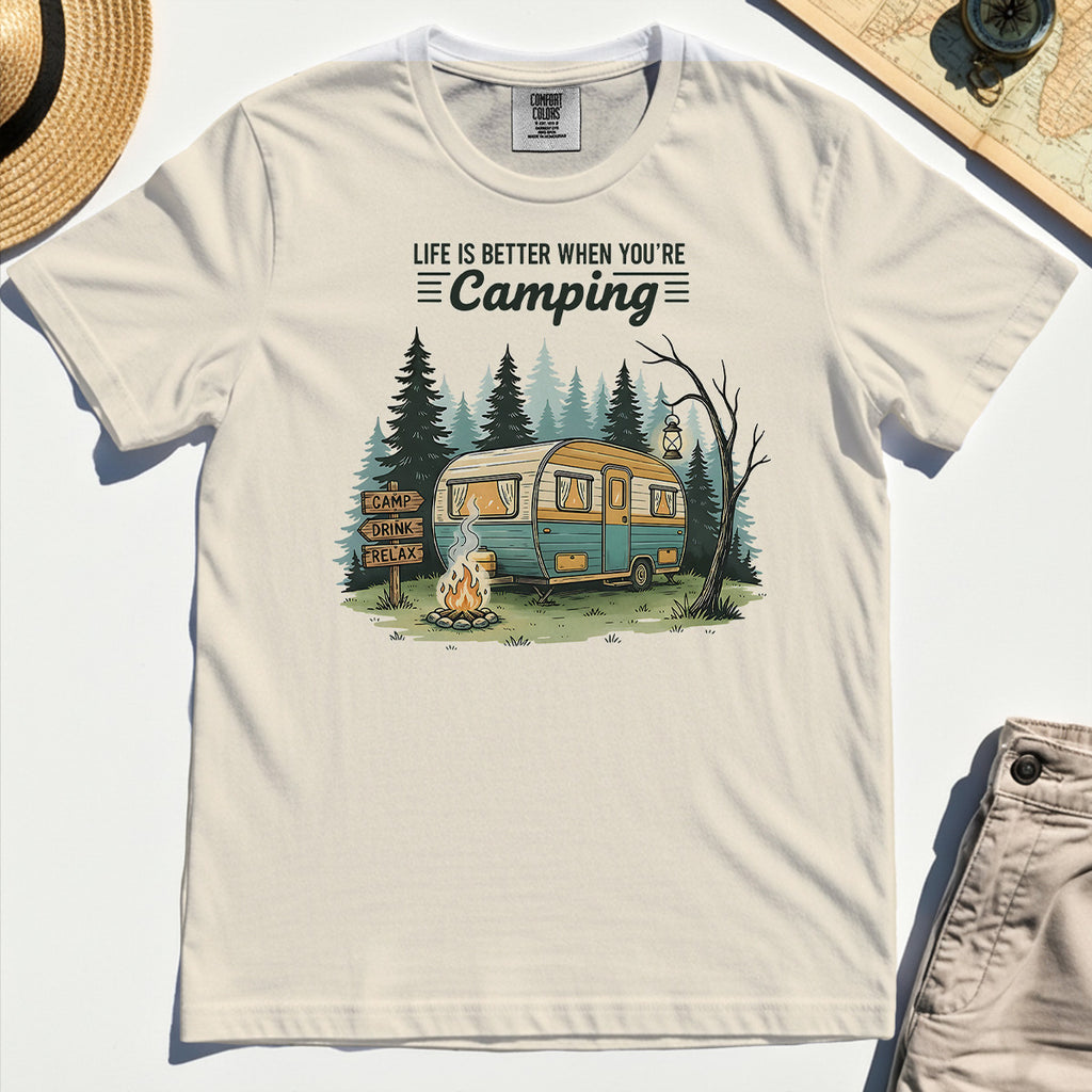 Life Is Better When You’re Camping Comfort Tee, Retro Camper and Campfire Comfort Color Tee For Travelers and Campers 2