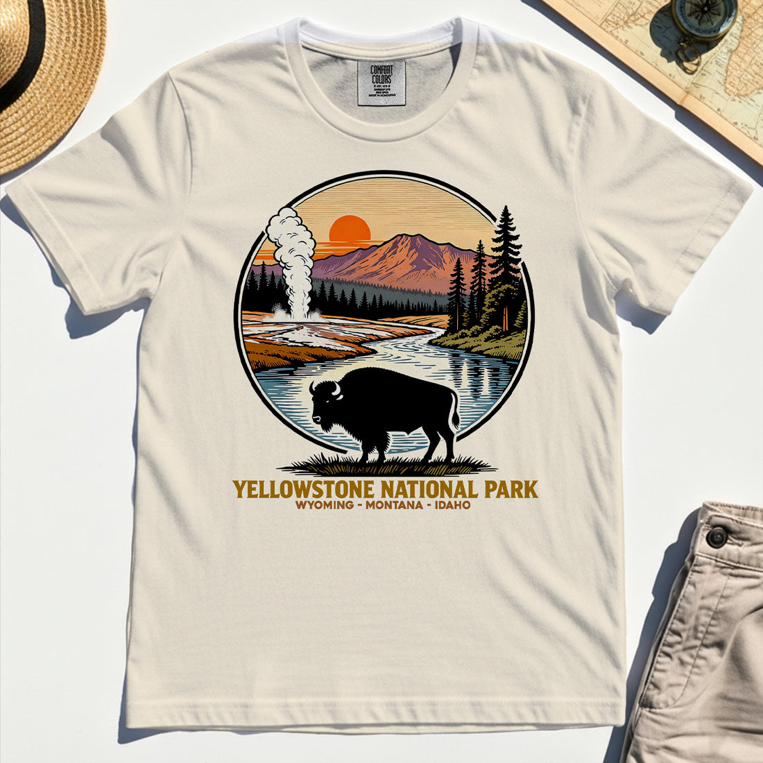 Retro Yellowstone National Park Comfort Tee, Bison Silhouette Outdoor Adventure Comfort Color Tee For Nature Campers 1