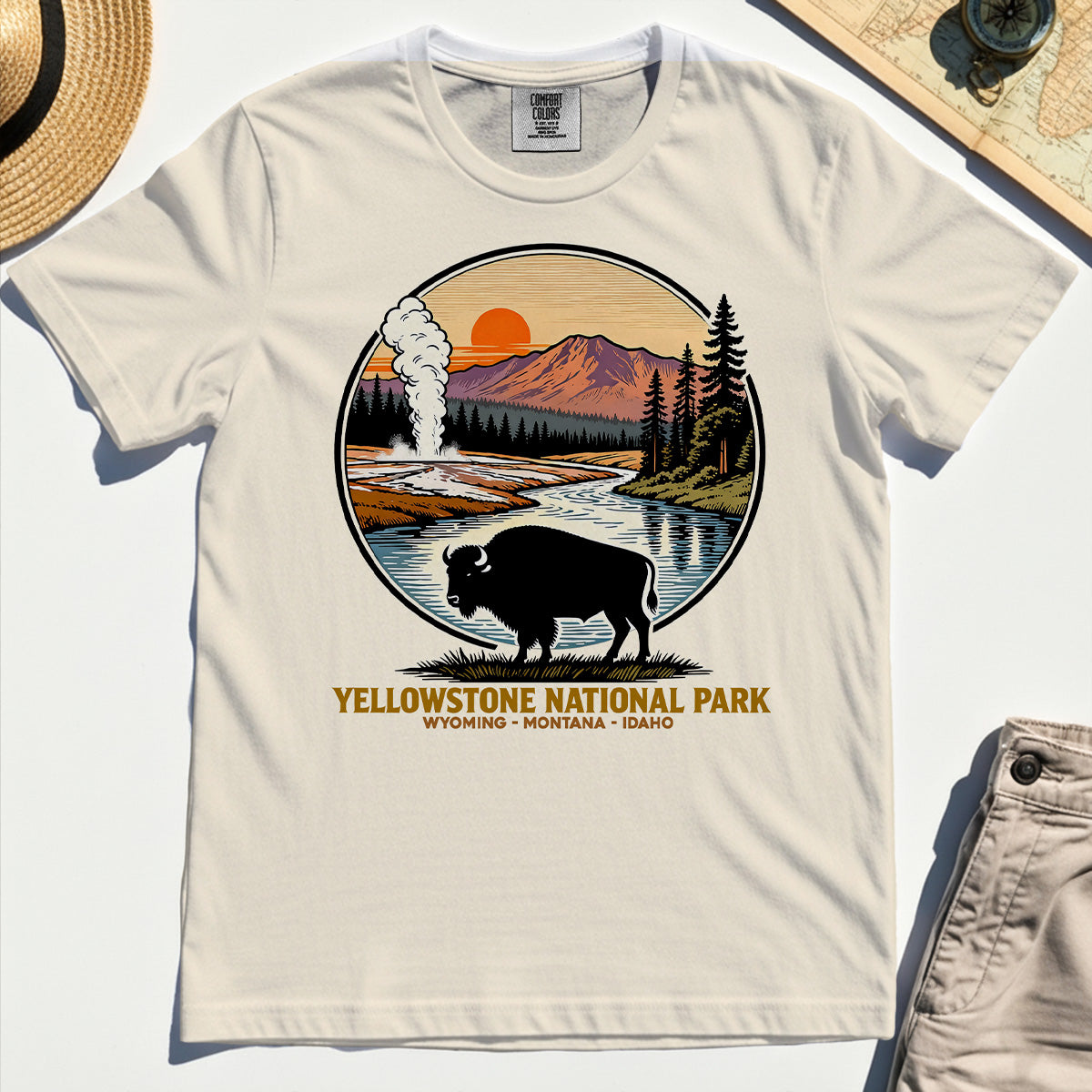 Retro Yellowstone National Park Comfort Tee, Bison Silhouette Outdoor Adventure Comfort Color Tee For Nature Campers 2