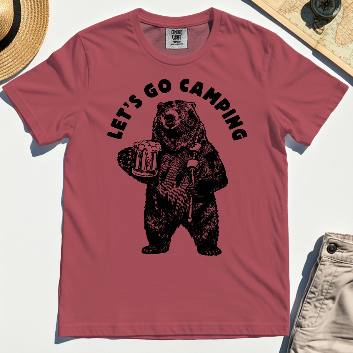 Let’s Go Camping Funny Bear Drinking Beer Comfort Tee, Beer Lover Comfort Color Tee For Outdoor Adventure & Camping Fans 5
