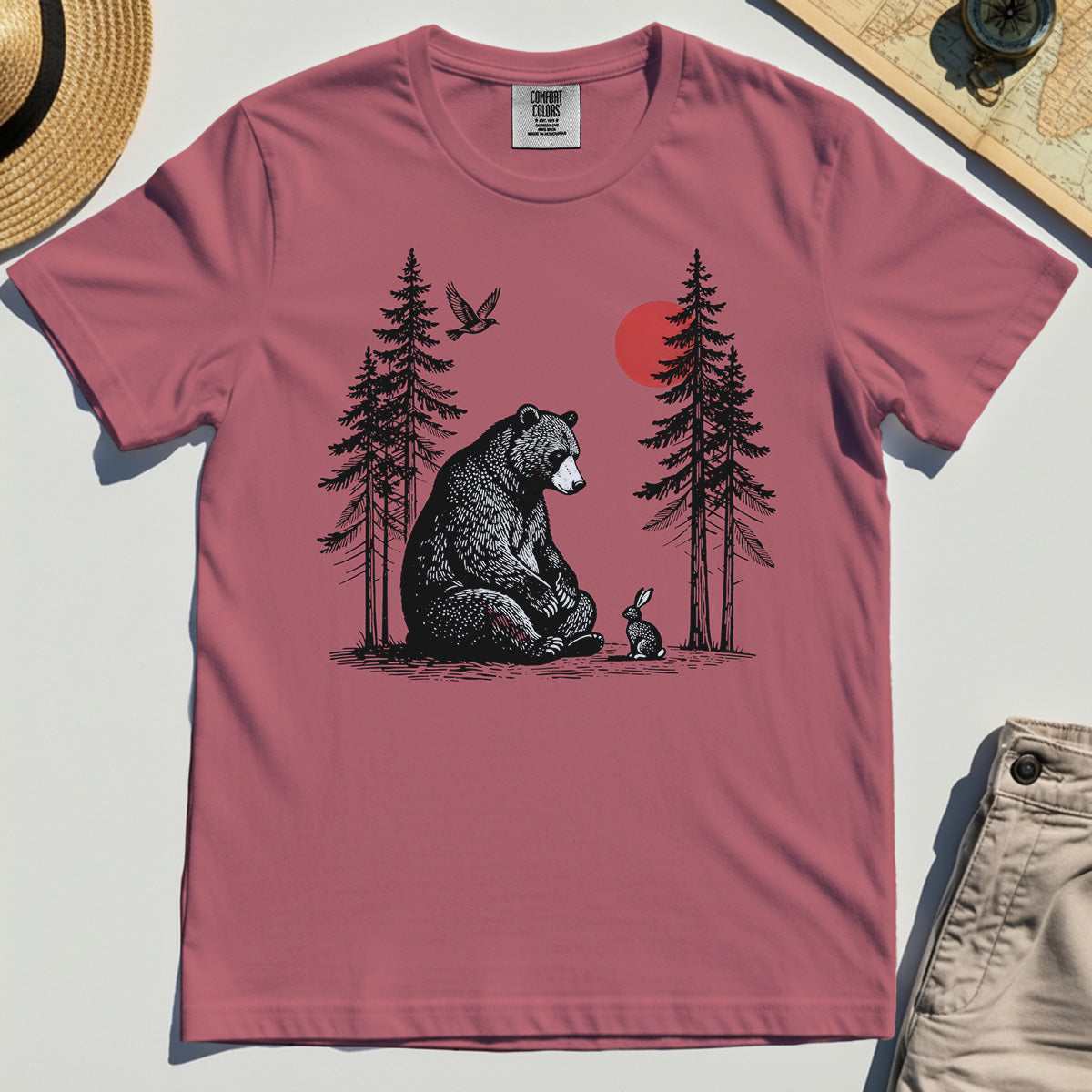 Bear and Bunny Under Red Sun Comfort Tee, Vintage Forest Nature Graphic Comfort Color Tee, Wildlife Art Comfort Tee For Outdoor Lovers 4