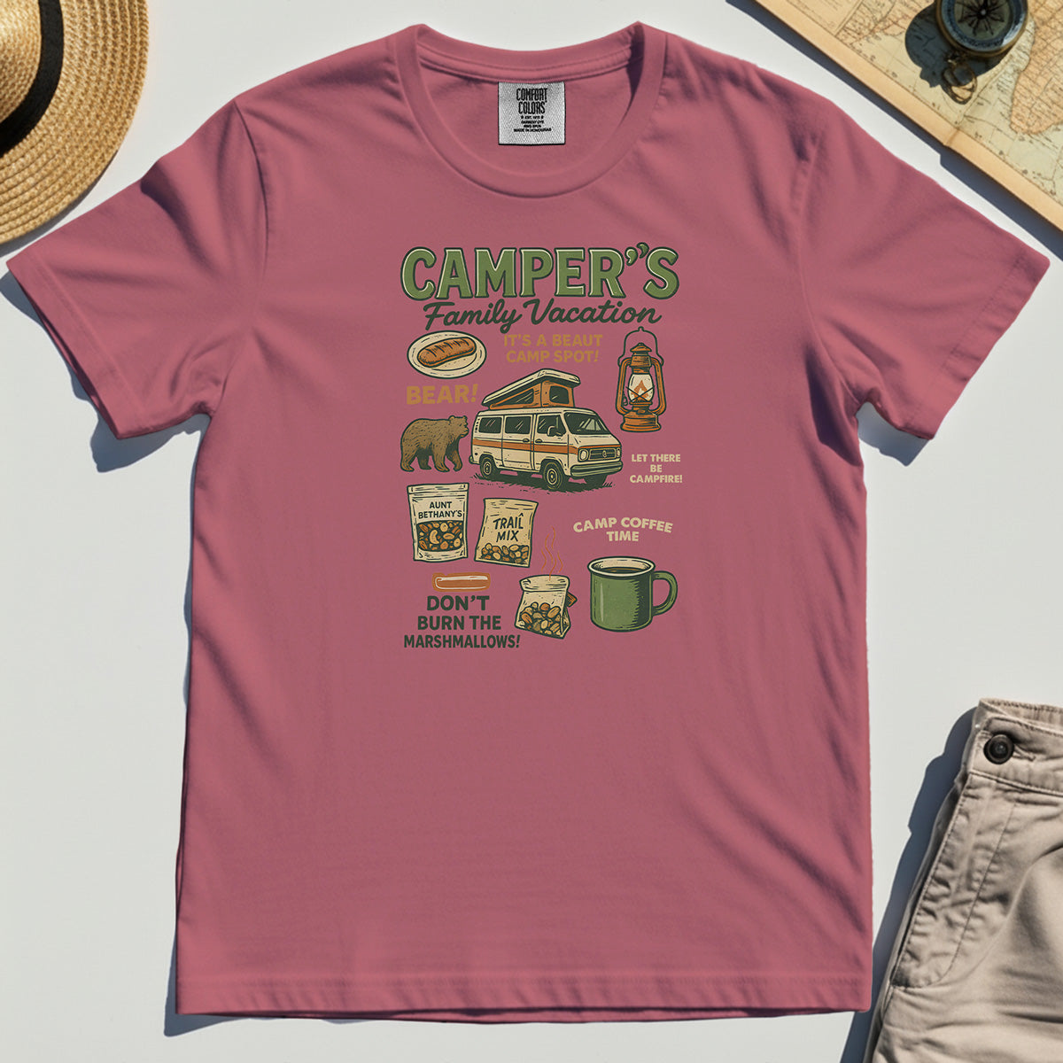 Camper’s Family Vacation Comfort Tee, Funny Outdoor Campfire Coffee Trail Mix Adventure Comfort Color Tee 5