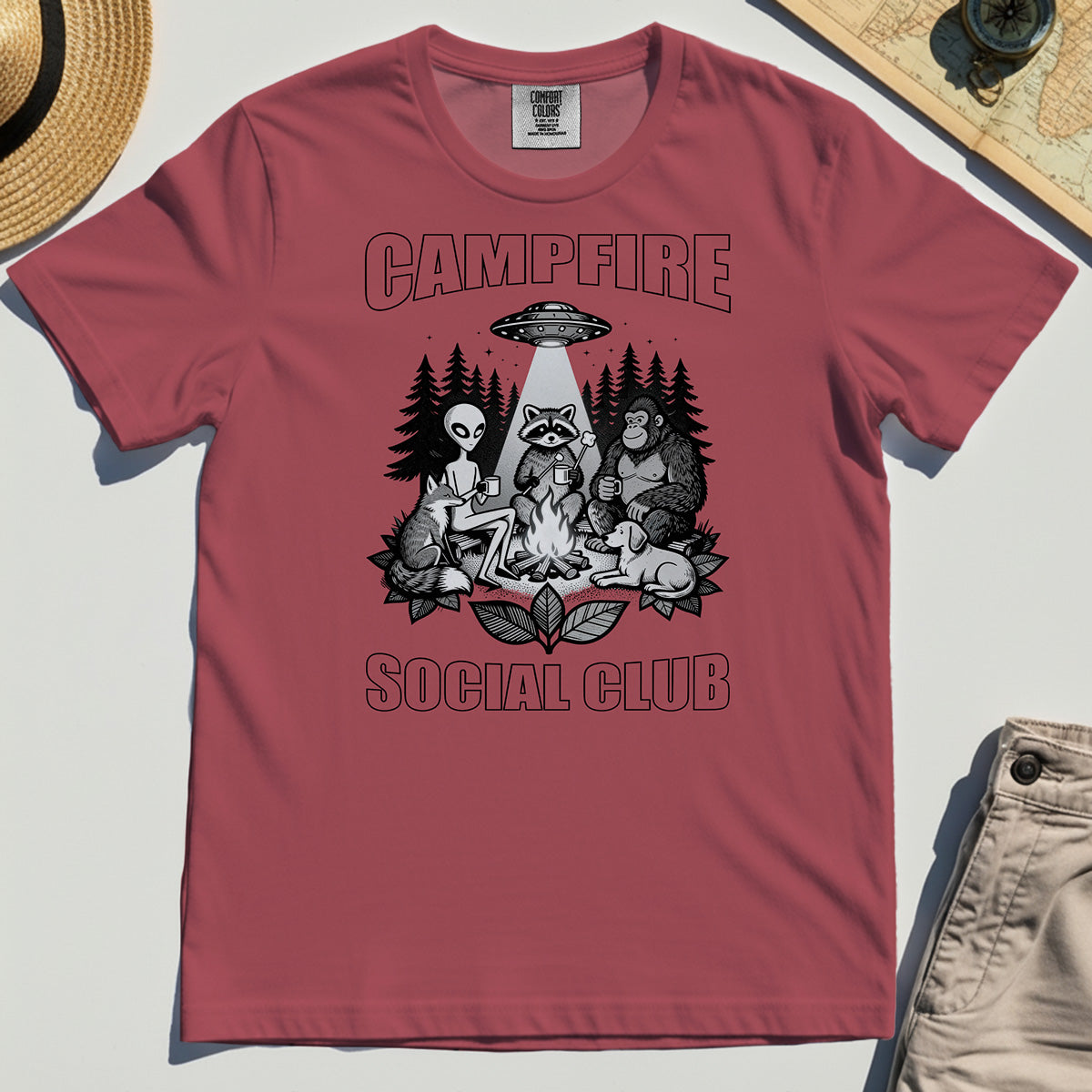 Campfire Social Club With Alien, Bigfoot, UFO And Raccoon Comfort Color Tee 4