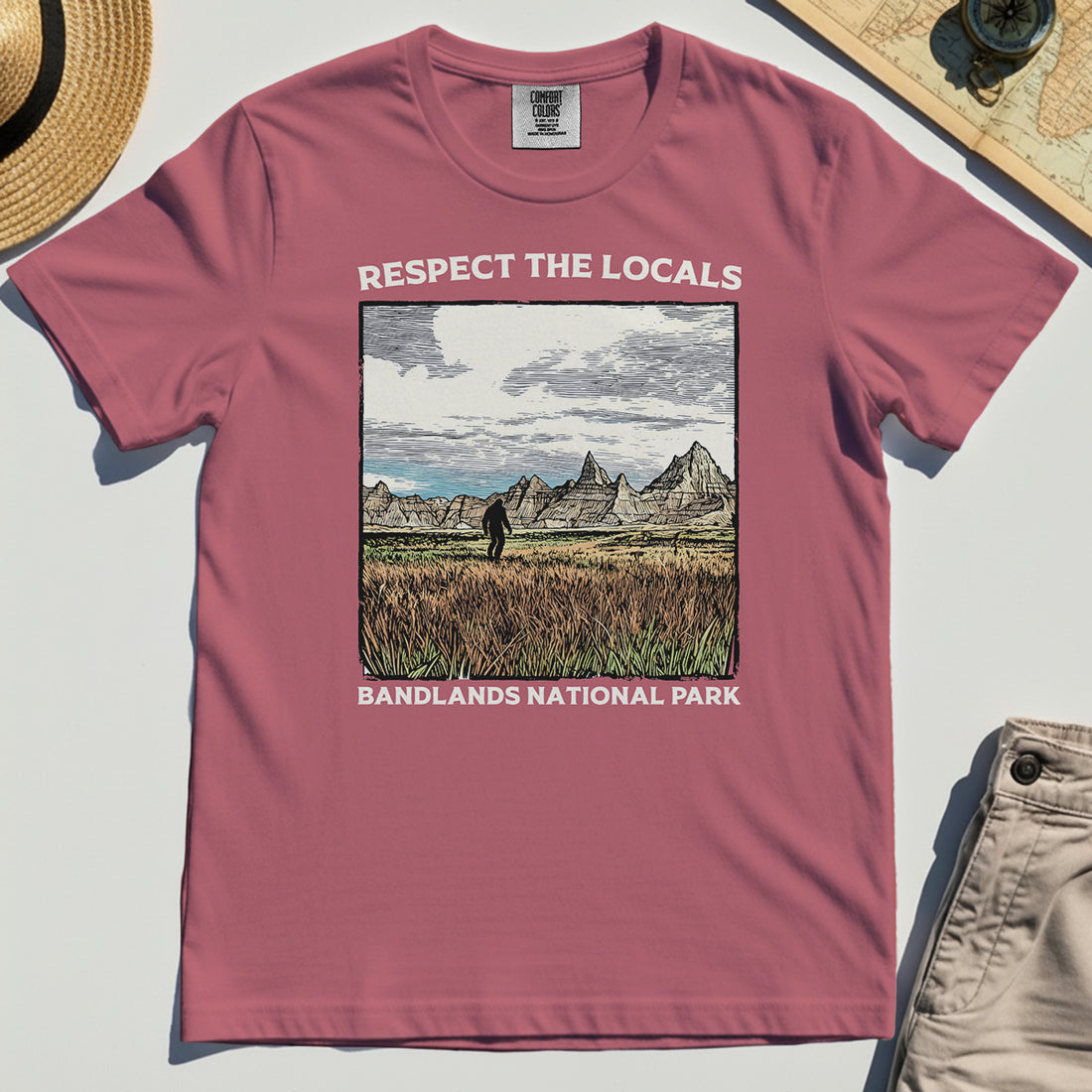 Sasquatch Respect The Locals Comfort Tee, Bigfoot Hiking Through Badlands National Park Comfort Color Tees 1