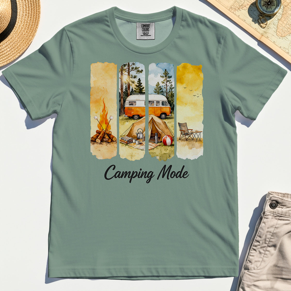 Van Life and Campfire Comfort Tee, Watercolor Campfire and Tent Graphic Comfort Tee For Outdoor Lovers 3