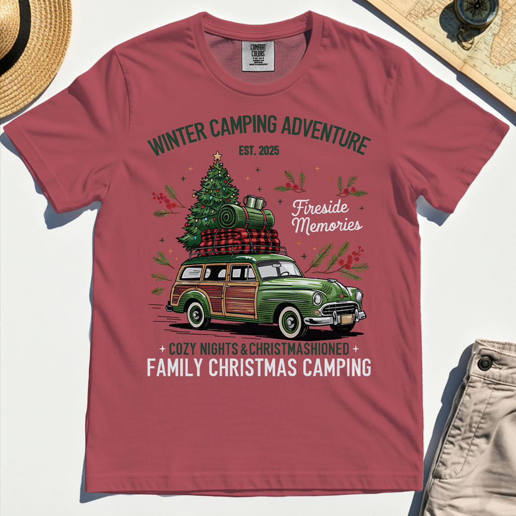 Winter Camping Adventure Comfort Tee, Retro Car with Tree Family Christmas Camping Comfort Color Tee 4