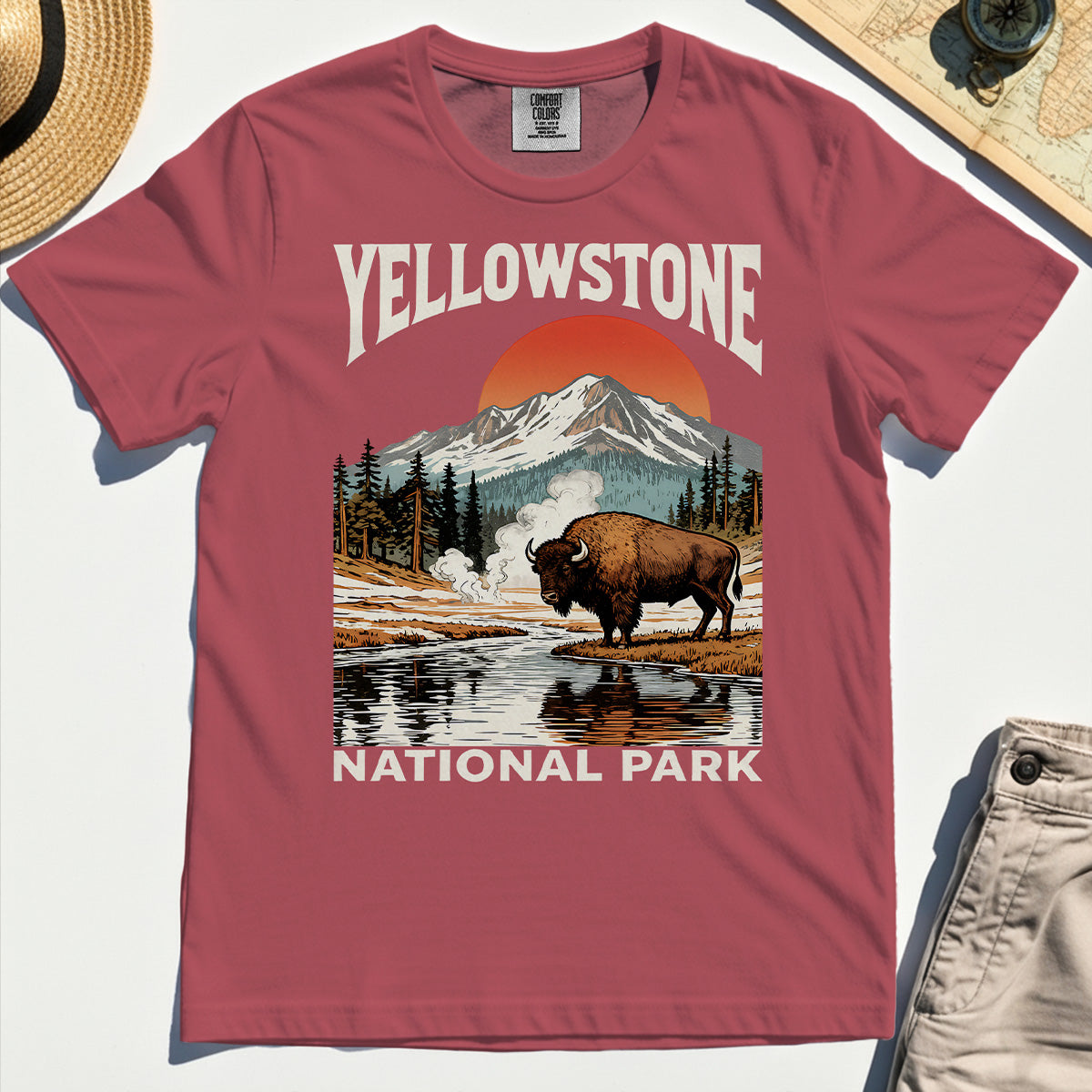 Yellowstone National Park Comfort Tee, Vintage Bison Sunset Mountain Comfort Color Tees For Campers 4