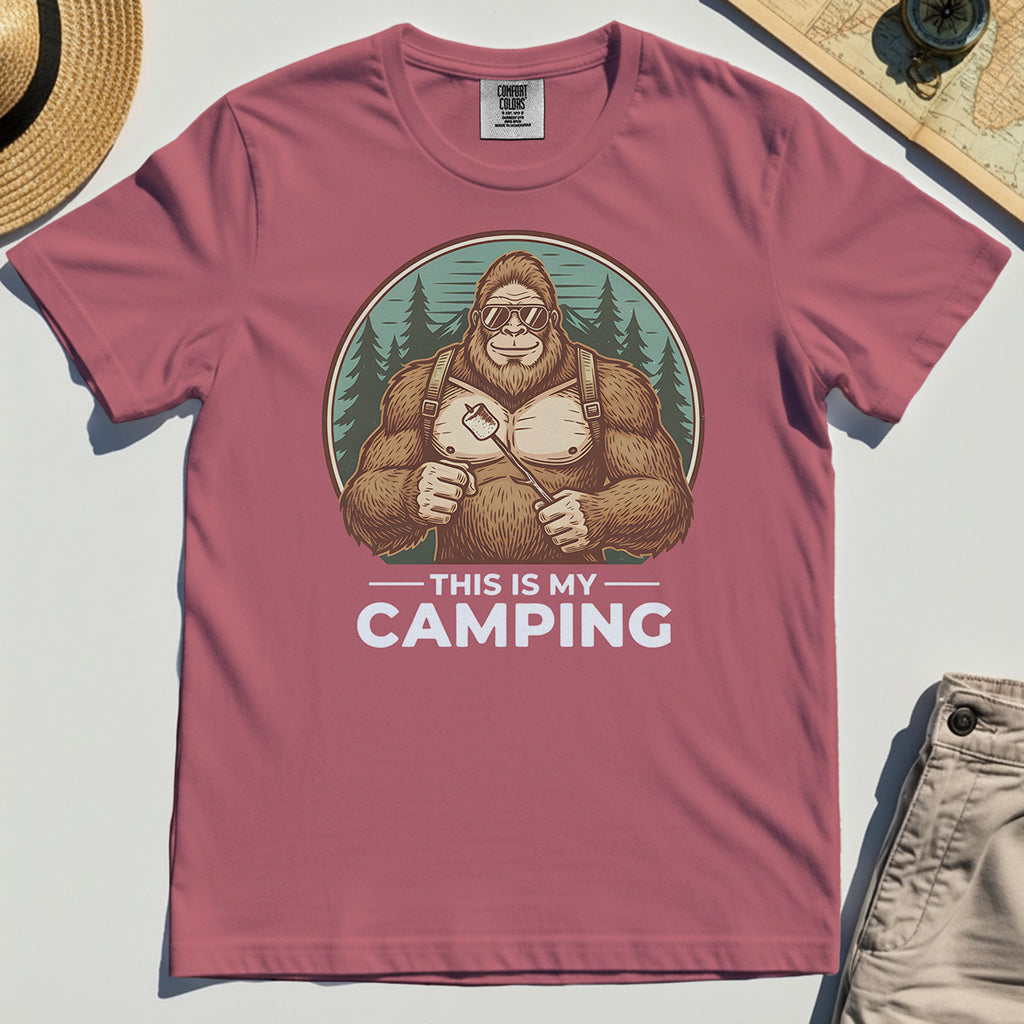 Funny Bigfoot Camping Comfort Tee "This Is My Camping”, Sasquatch With Marshmallow Comfort Tee 5