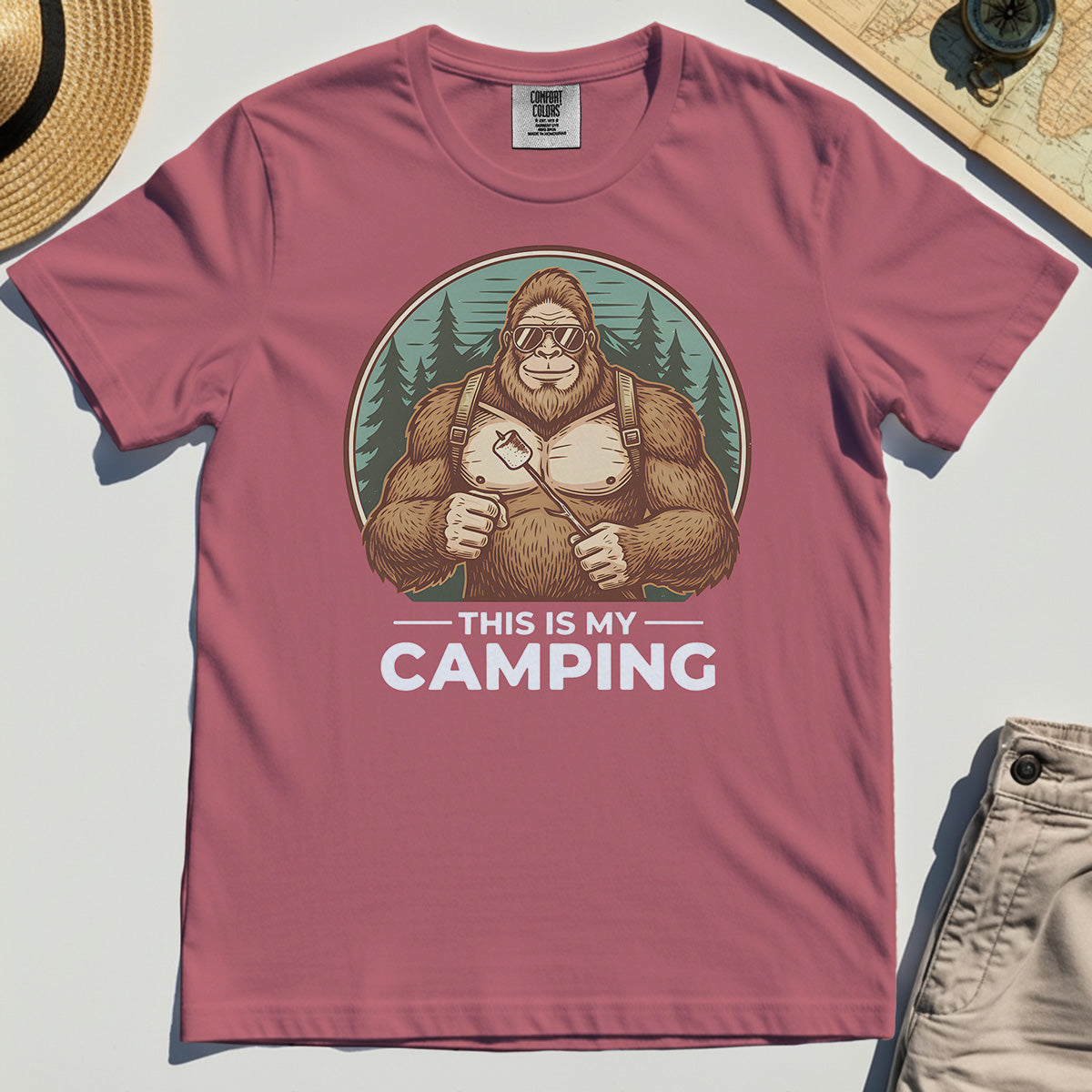 Funny Bigfoot Camping Comfort Tee "This Is My Camping”, Sasquatch With Marshmallow Comfort Tee 5