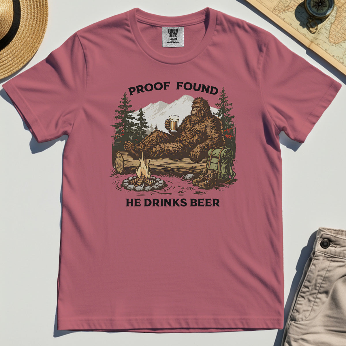 Funny Bigfoot "Proof Found He Drinks Beer" Camping Comfort Tee, Sasquatch Beer Lover Comfort Color Tee For Campers 5