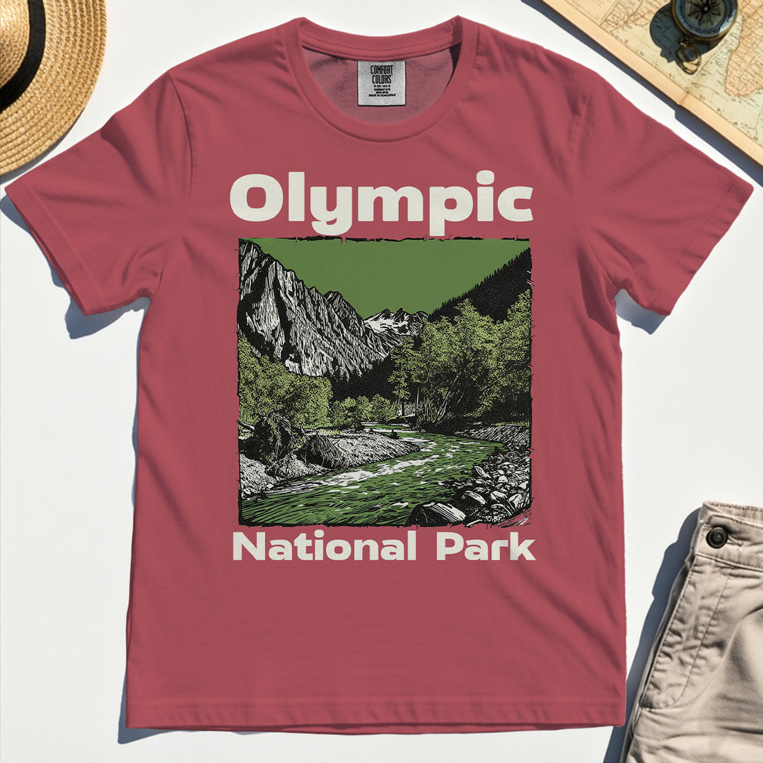 Olympic National Park Comfort Tee, Vintage Mountain River Scene Comfort Color Tee For Outdoor Adventure Campers 1