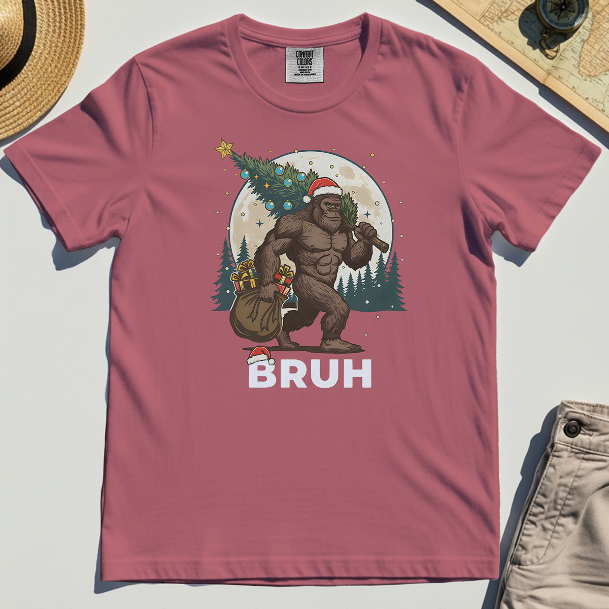 Bigfoot Christmas "BRUH" Comfort Tee, Retro Santa Hat Sasquatch Carrying Christmas Tree Comfort Color Tee 5