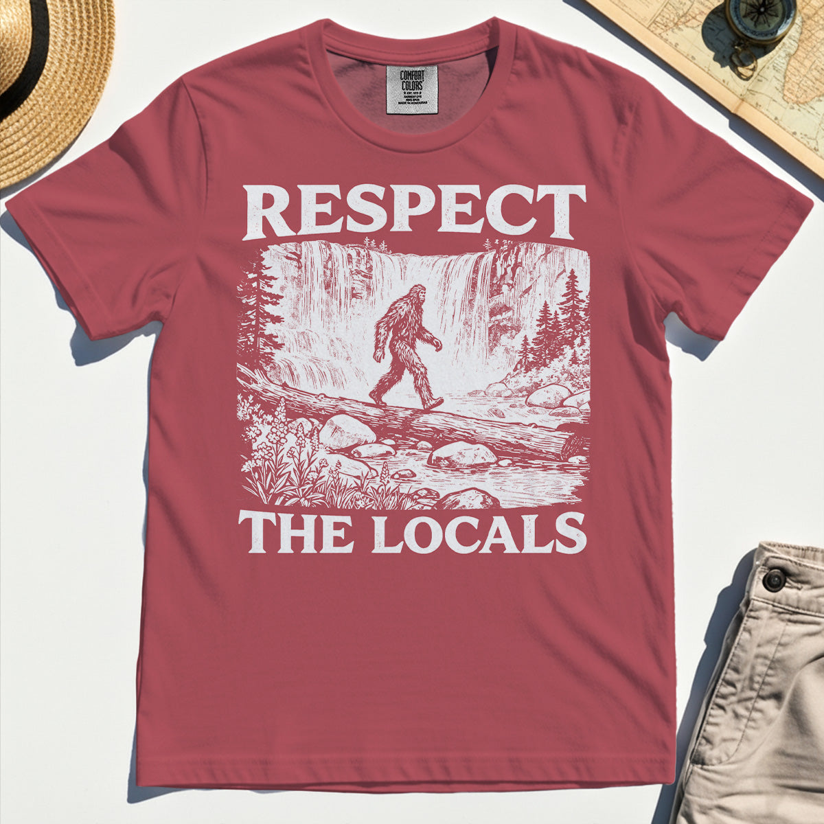 Bigfoot Respect The Locals Comfort Tee, Vintage Waterfall Hiking Graphic Comfort Color Tees For Camper And Adventurers 4
