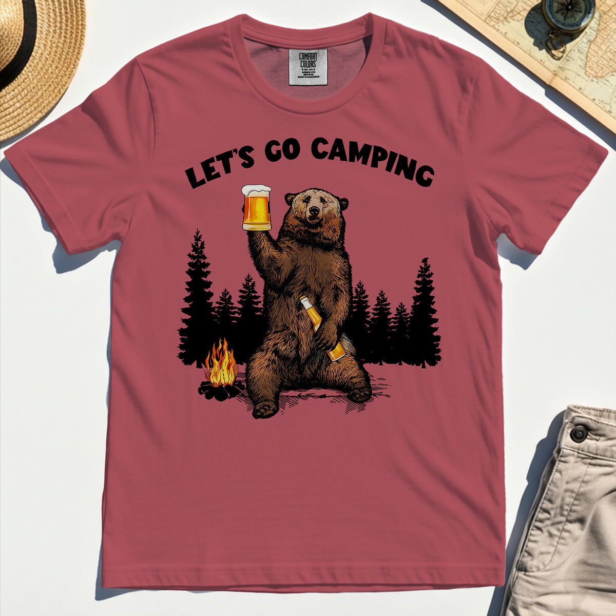 Let’s Go Camping Comfort Tee, Funny Beer Drinking Bear Graphic Comfort Color Tee For Outdoor & Camping Lovers 5