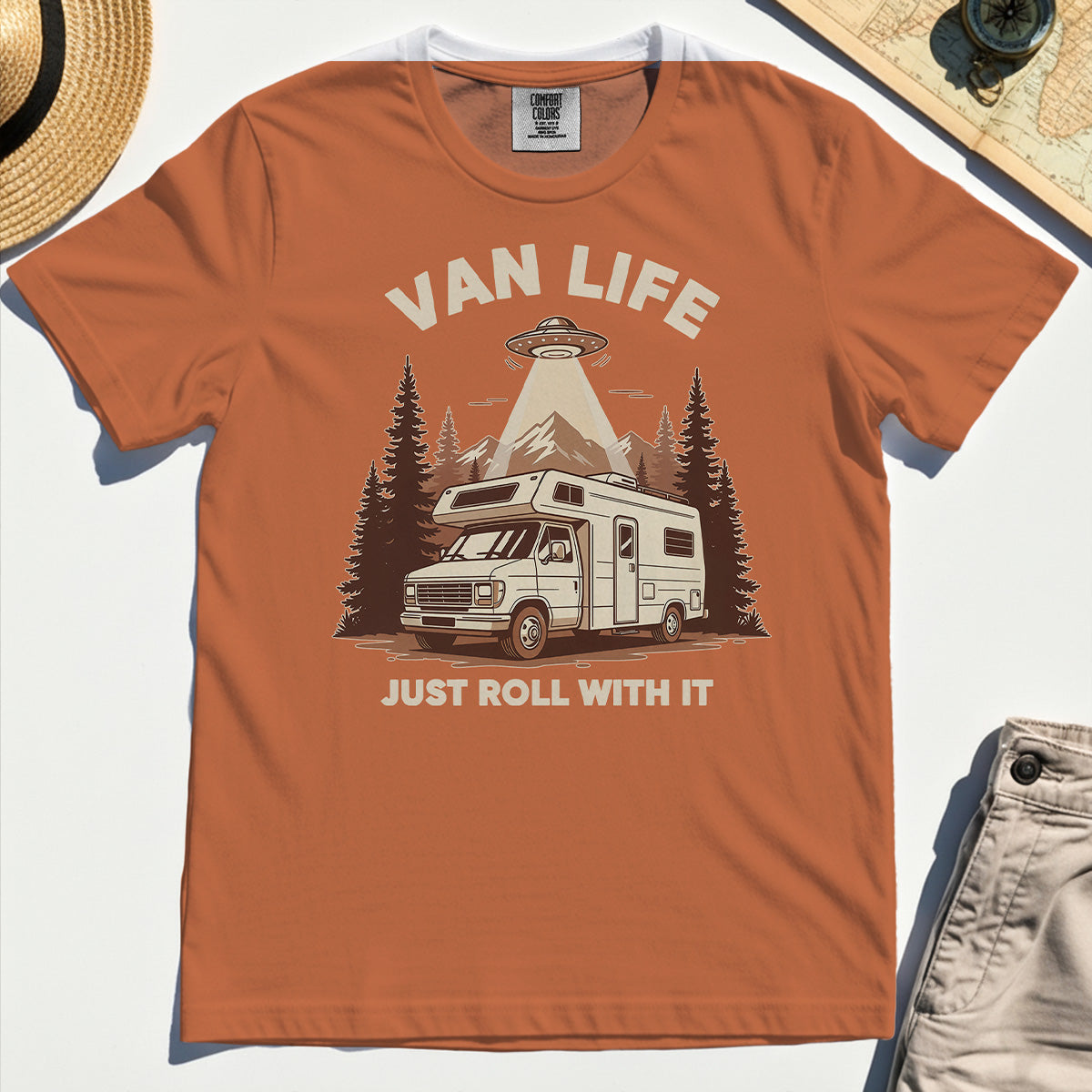 Just Roll With It Comfort Tees, Retro Camper Van Adventure Comfort Color Tee For Camping Lovers 8
