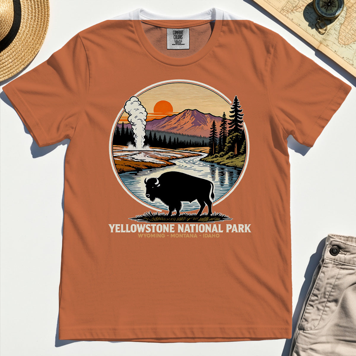 Retro Yellowstone National Park Comfort Tee, Bison Silhouette Outdoor Adventure Comfort Color Tee For Nature Campers 3