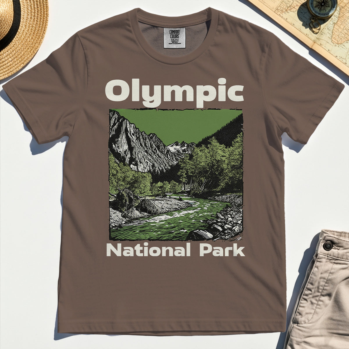 Olympic National Park Comfort Tee, Vintage Mountain River Scene Comfort Color Tee For Outdoor Adventure Campers 5