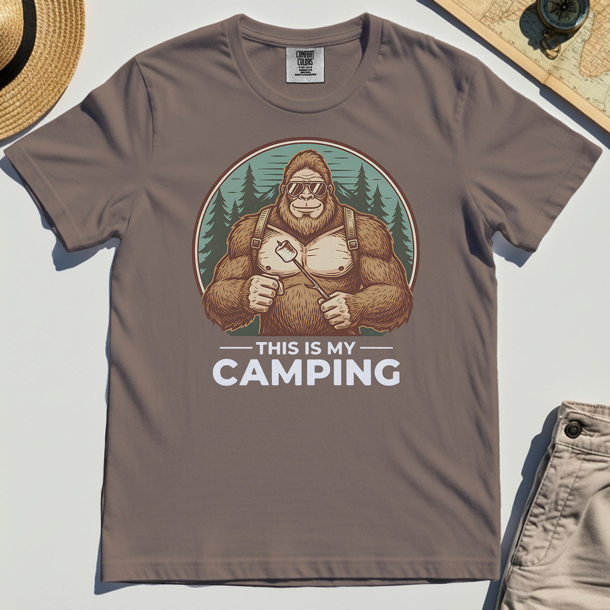 Funny Bigfoot Camping Comfort Tee "This Is My Camping”, Sasquatch With Marshmallow Comfort Tee 6