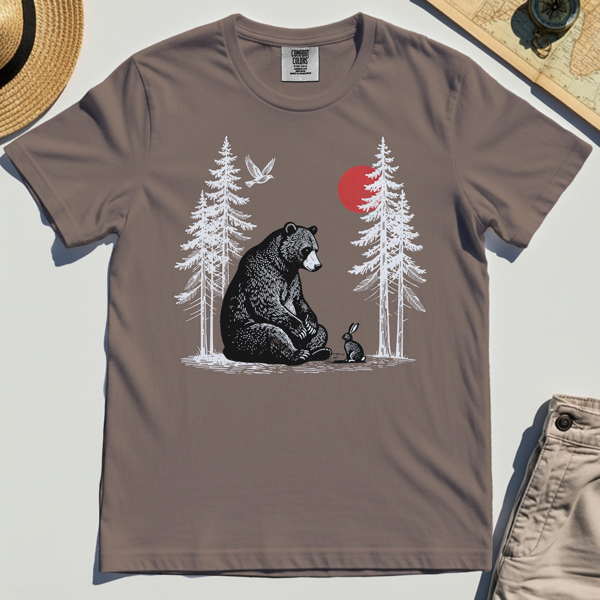 Bear and Bunny Under Red Sun Comfort Tee, Vintage Forest Nature Graphic Comfort Color Tee, Wildlife Art Comfort Tee For Outdoor Lovers 5