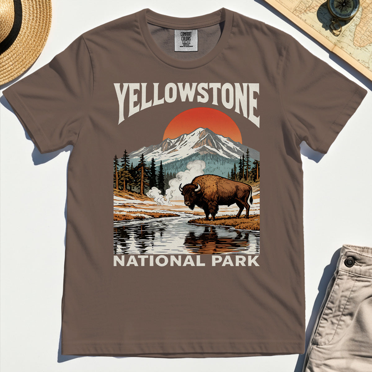 Yellowstone National Park Comfort Tee, Vintage Bison Sunset Mountain Comfort Color Tees For Campers 5