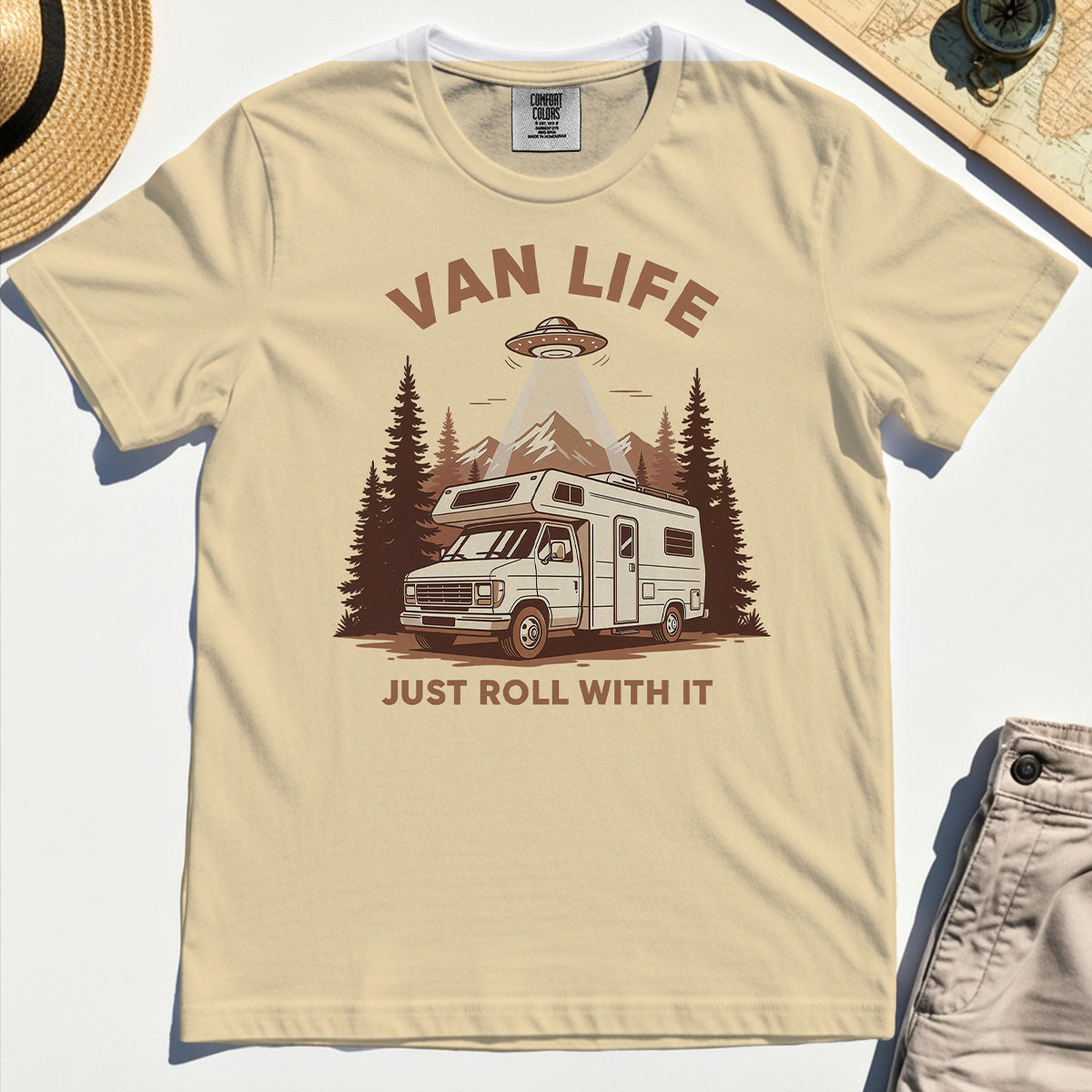 Just Roll With It Comfort Tees, Retro Camper Van Adventure Comfort Color Tee For Camping Lovers 3