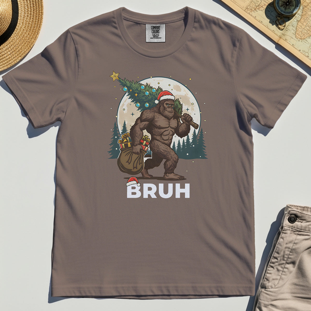 Bigfoot Christmas "BRUH" Comfort Tee, Retro Santa Hat Sasquatch Carrying Christmas Tree Comfort Color Tee 6