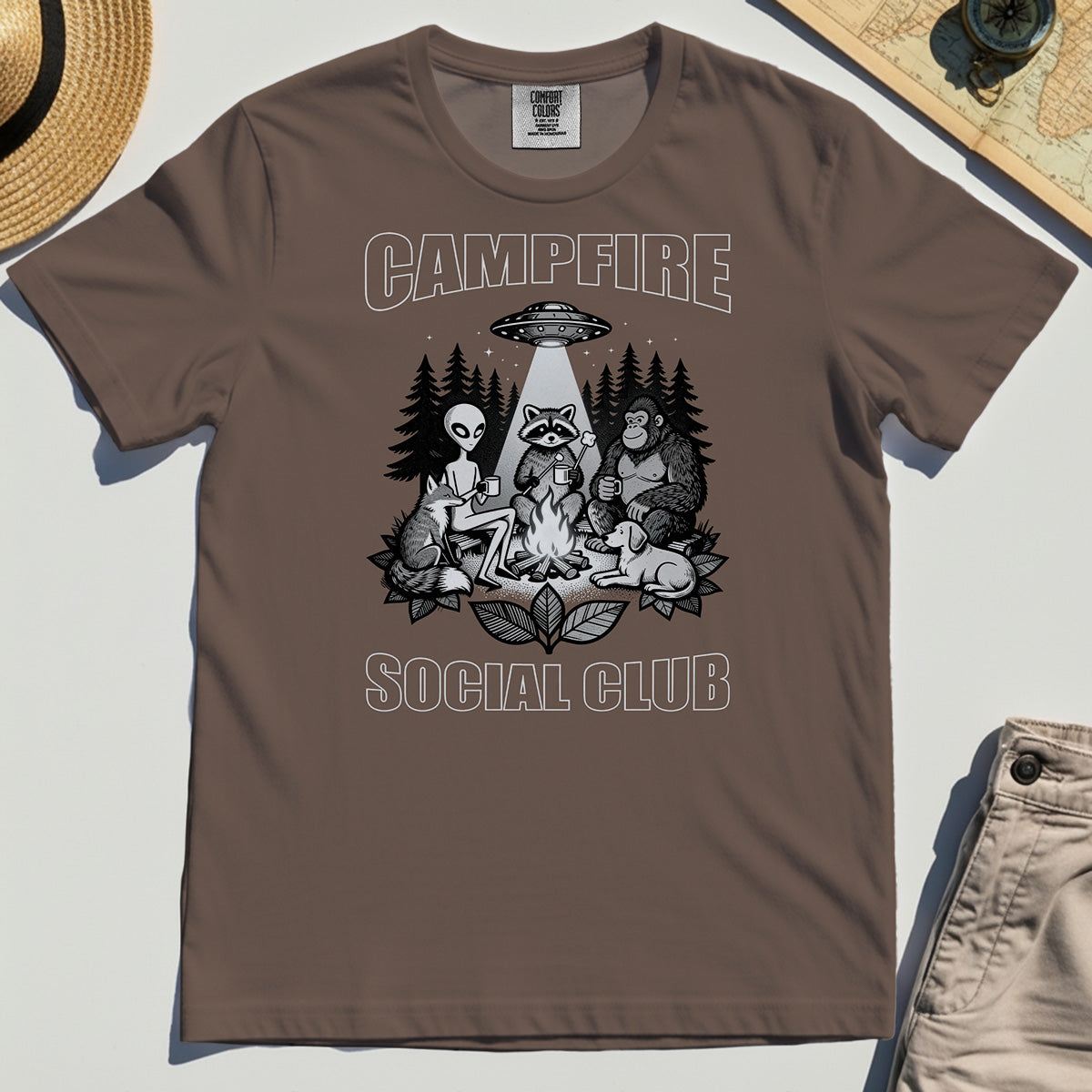 Campfire Social Club With Alien, Bigfoot, UFO And Raccoon Comfort Color Tee 5