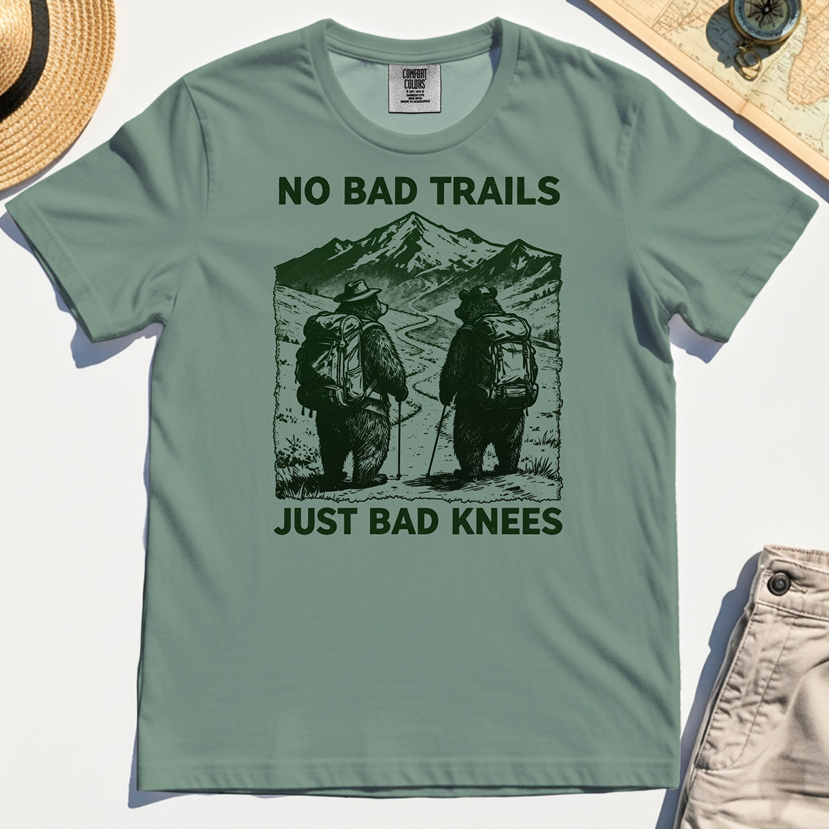 No Bad Trails Just Bad Knees Comfort Tee, Vintage Bear Backpacking Comfort Tees For Campers and Outdoor Enthusiasts 1