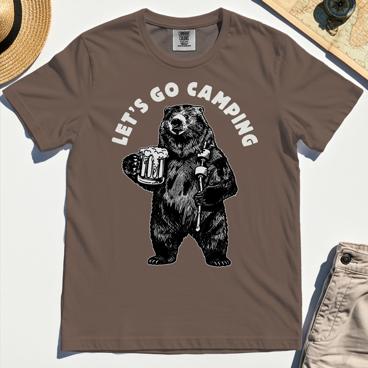 Let’s Go Camping Funny Bear Drinking Beer Comfort Tee, Beer Lover Comfort Color Tee For Outdoor Adventure & Camping Fans 6